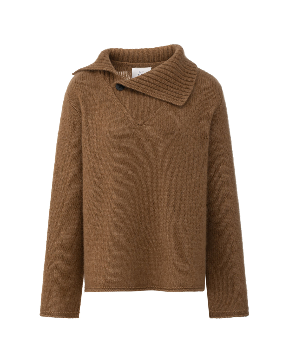 Damen Pullover aus 75% Kaschmir, 25% Seide in Vintage Cocoa – Pullover mit breitem, asymmetrisch überlappendem Kragen, seitlich versetztem Knopfverschluss am Ausschnitt, V-Ausschnitt unterhalb des Kragens, feiner, gleichmäßiger Strickstruktur mit glatter Oberfläche und langen Ärmeln mit geradem Abschluss.