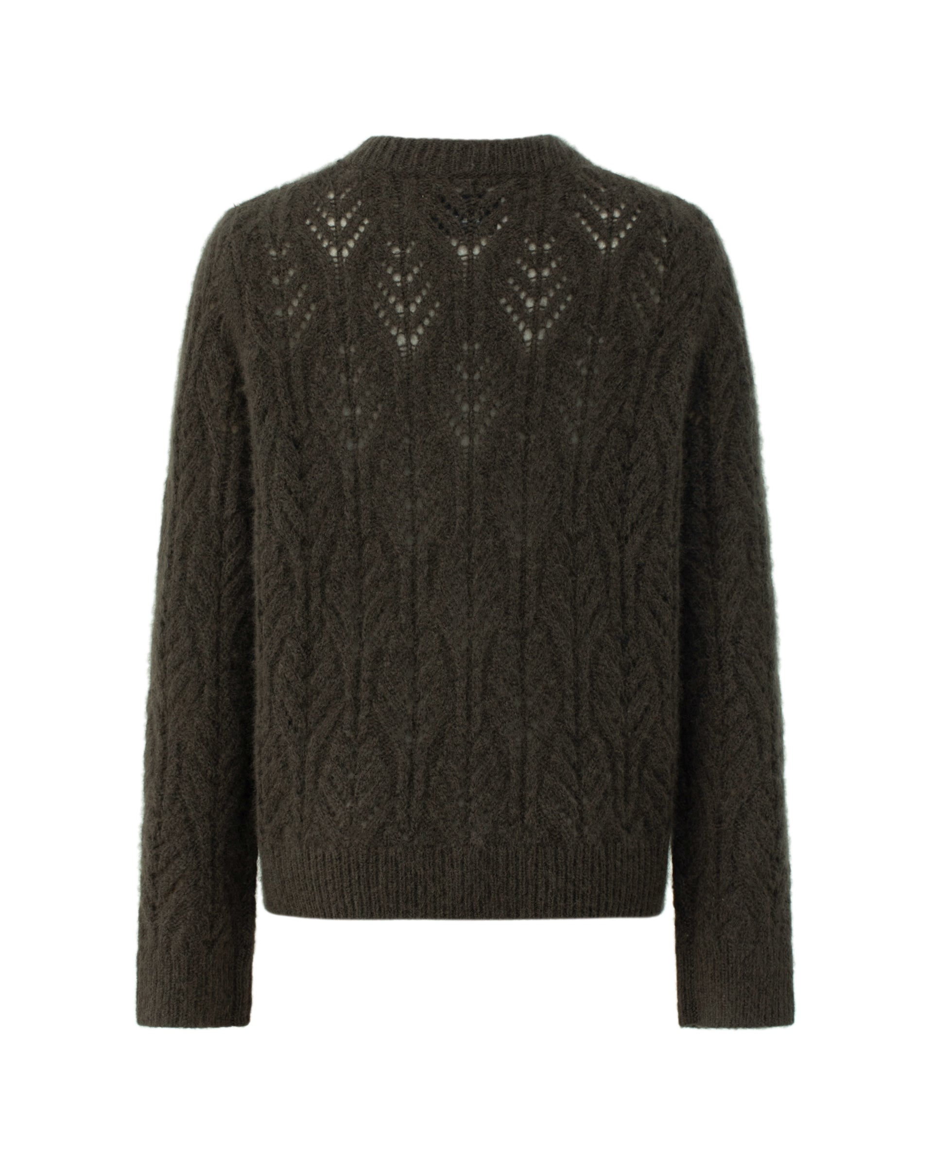 Damen Pullover aus 75 % Kaschmir und 25 % Seide in Black Forest – gestrickter Pullover mit Zopf- und Lochmuster in mittelschwerer, leicht transparenter Qualität mit lockerer Passform, Rundhalsausschnitt mit Kragen in Rippstruktur, klassischer, leicht überschnittener Schulterform sowie langen, schmalen Ärmeln. Ärmelbündchen und Saum sind in Rippstruktur gearbeitet und runden das feminine Design ab.
