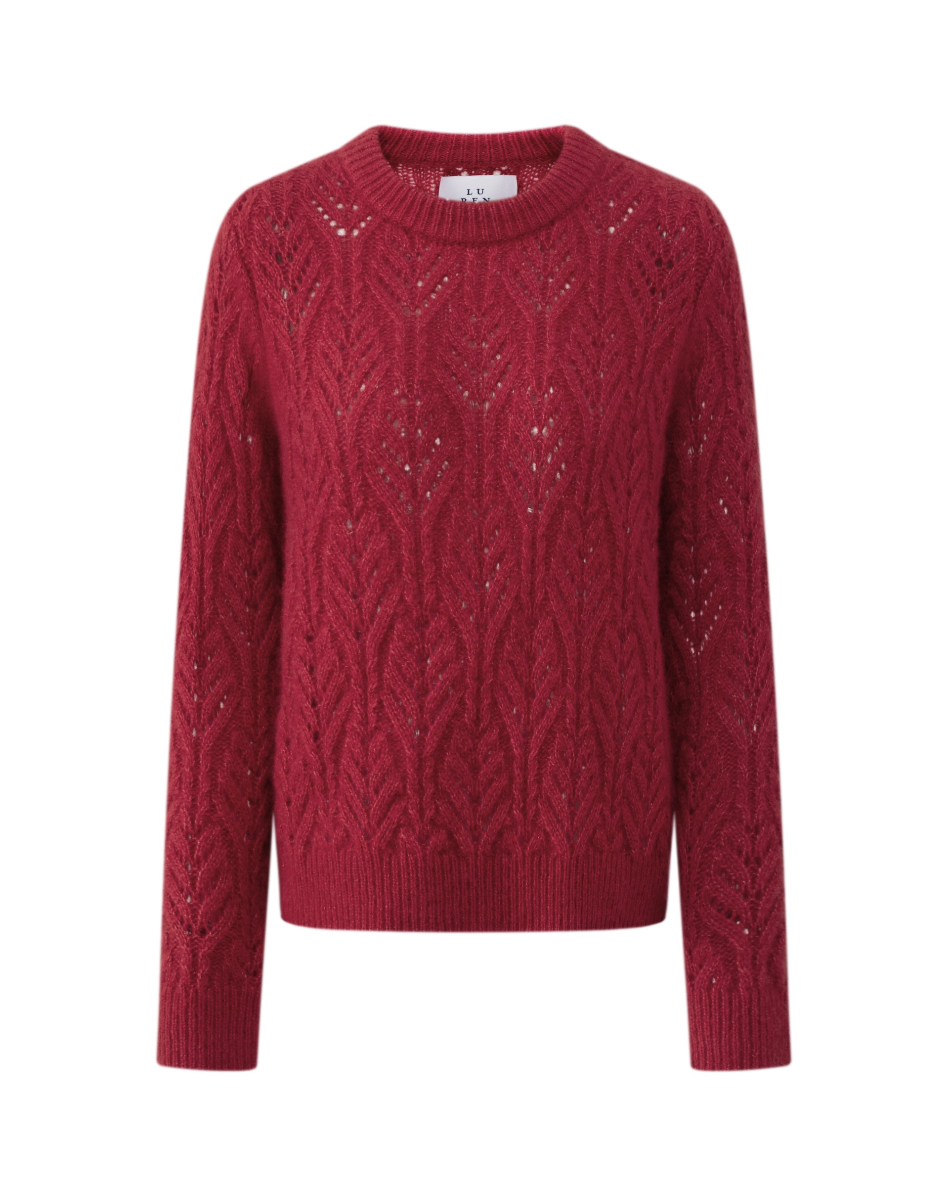 Damen Pullover aus 75 % Kaschmir und 25 % Seide in Royal Garnet – gestrickter Pullover mit Zopf- und Lochmuster in mittelschwerer, leicht transparenter Qualität mit lockerer Passform, Rundhalsausschnitt mit Kragen in Rippstruktur, klassischer, leicht überschnittener Schulterform sowie langen, schmalen Ärmeln. Ärmelbündchen und Saum sind in Rippstruktur gearbeitet und runden das feminine Design ab.

