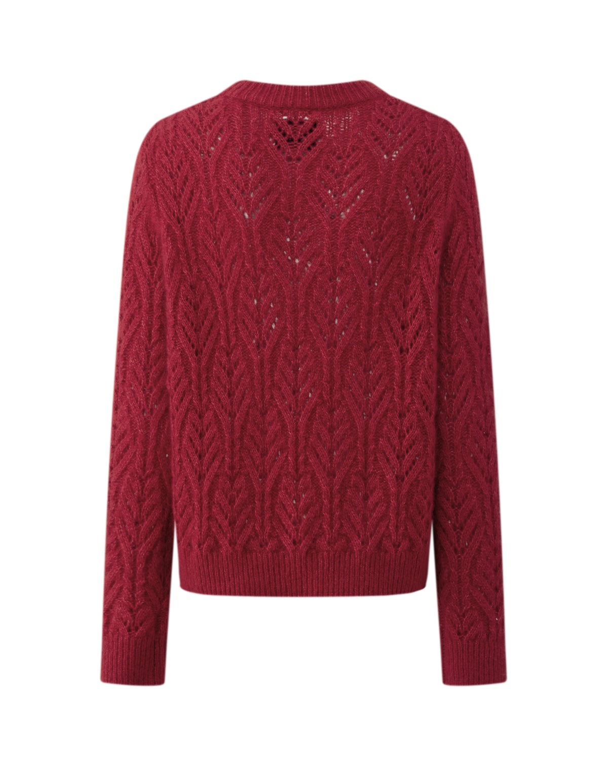 Damen Pullover aus 75 % Kaschmir und 25 % Seide in Royal Garnet – gestrickter Pullover mit Zopf- und Lochmuster in mittelschwerer, leicht transparenter Qualität mit lockerer Passform, Rundhalsausschnitt mit Kragen in Rippstruktur, klassischer, leicht überschnittener Schulterform sowie langen, schmalen Ärmeln. Ärmelbündchen und Saum sind in Rippstruktur gearbeitet und runden das feminine Design ab.
