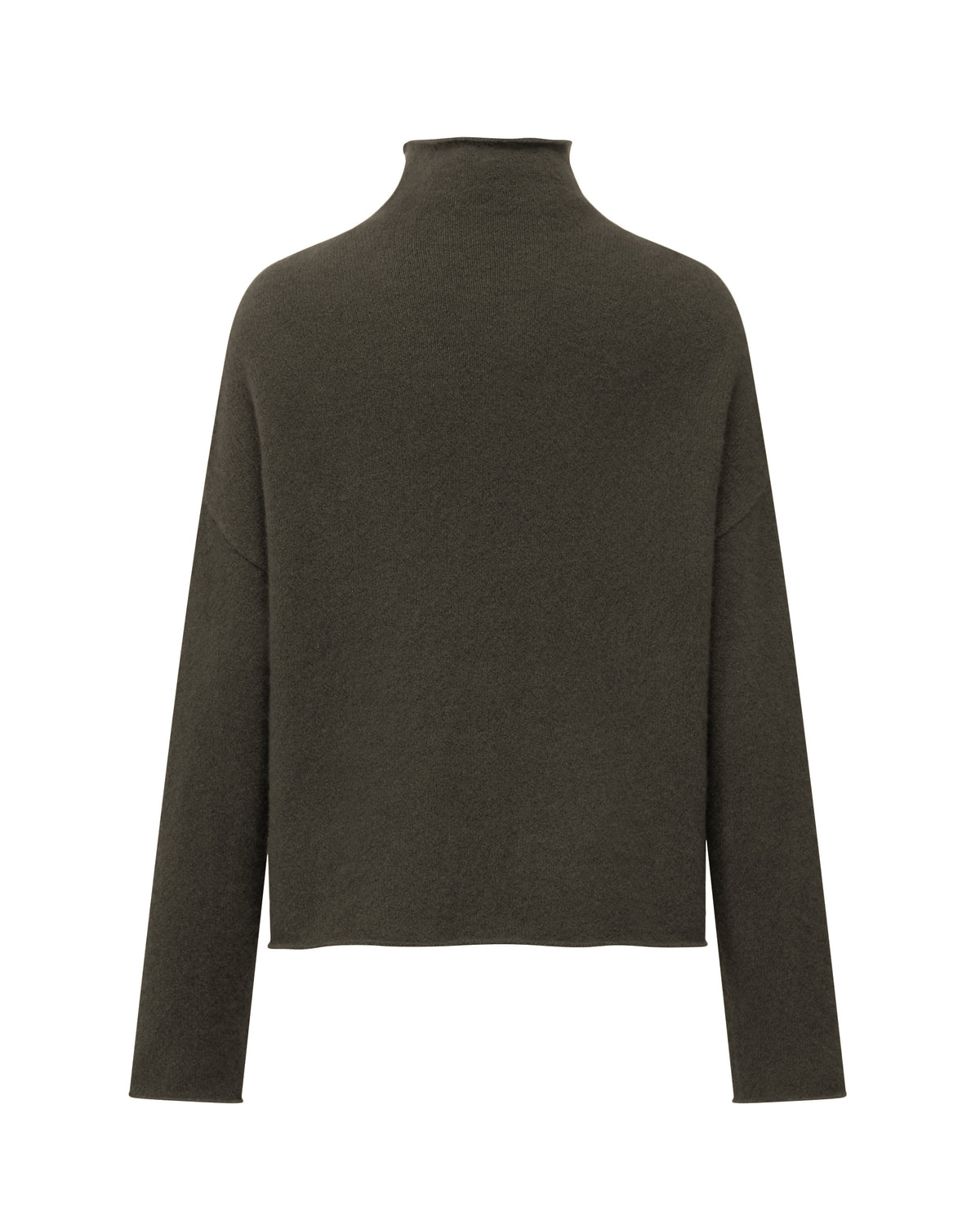 Damen Pullover aus 80 % Kaschmir, 18 % Polyamid und 2 % Elastan in Black Forest – glatt gestrickter Pullover in mittelschwerer Qualität mit gefilzter, besonders elastischer Oberfläche und oversized Passform. Das Modell verfügt über einen Stehkragen, eine überschnittene Schulterform sowie lange, relaxte Ärmel. Das verlängerte Rückenteil mit Seitenschlitzen verleiht dem Pullover eine moderne, lässige Silhouette.
