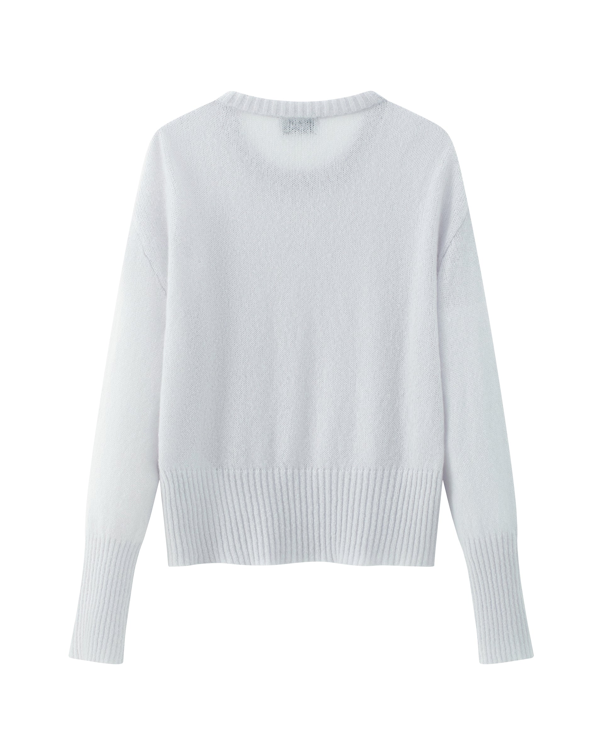 Damen Pullover in Bluish White (zartes hellblau) aus Kaschmir-Seide – leichter, glatt gestrickter Rundhalspullover mit relaxter Passform und überschnittener Schulter