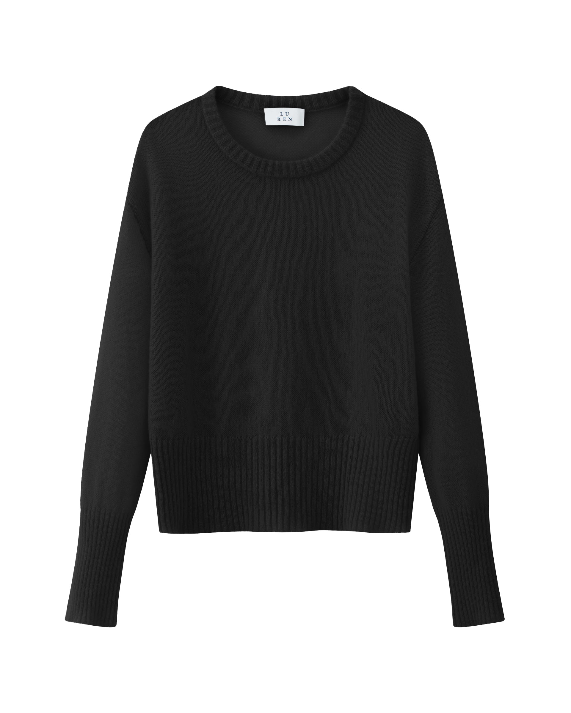 Damen Pullover in Black (schwarz) aus Kaschmir-Seide – leichter, glatt gestrickter Rundhalspullover mit relaxter Passform und überschnittener Schulter