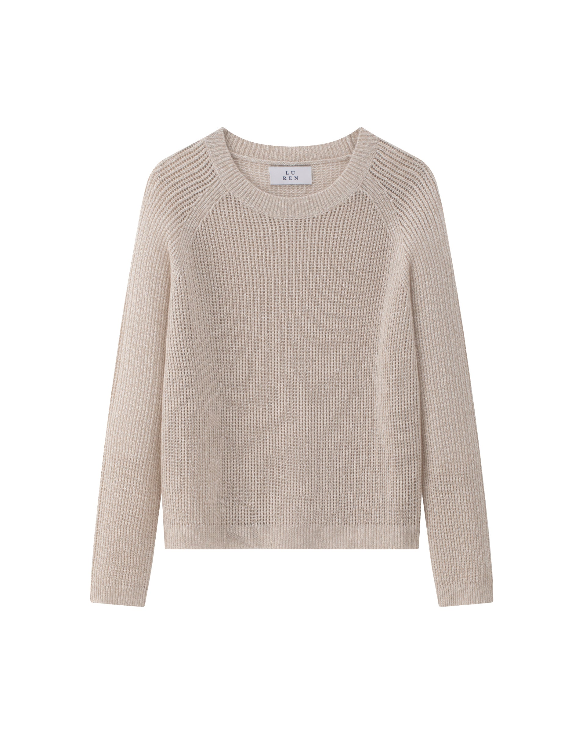 Damen Pullover in barley (beige) aus Leinen-Kaschmir – mittelschwerer Strick mit transparentem Lochmuster, relaxte Passform, Rundhalsausschnitt mit Rippkragen, dekorativer Raglanärmel, lange schmale Ärmel mit Rippbündchen