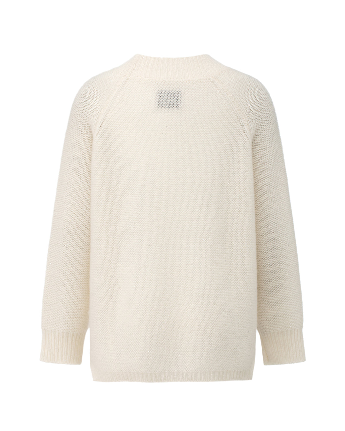 Damen Pullover aus 60 % Kaschmir, 39 % Seide und 1 % Pailletten in Ivory– links gestrickter Pullover in mittelschwerer Qualität mit lockerer Passform und geradem Schnitt. Das lange Modell verfügt über einen Rundhalsausschnitt mit hohem Kragen in Rippstruktur, Raglanärmel sowie lange, relaxte Ärmel. Ärmelbündchen und Saum sind in Rippstruktur gearbeitet. Schlitze an den Seitennähten und dezent eingearbeitete Pailletten verleihen dem Pullover eine moderne, elegante Ausstrahlung.
