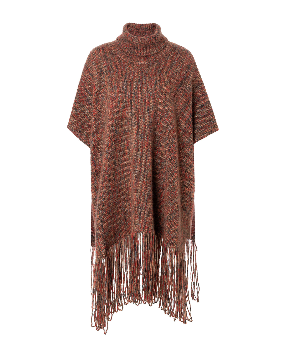 Damen Poncho aus 75% Kaschmir, 25% Seide in Drummond – Mehrfarbig gestrickter Poncho mit hohem Stehkragen, kurzen Ärmeln und langen Fransen am Saum.