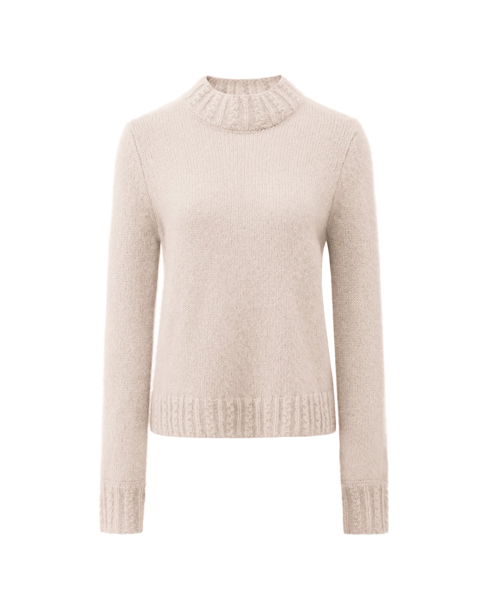 Damen Pullover aus 75 % Kaschmir und 25 % Seide in Wheat – glatt gestrickter Pullover in grober Strickqualität mit körperbetonter Passform, Rundhalsausschnitt mit Stehkragen im Zopfmuster, klassischer Schulterform sowie langen, schmalen Ärmeln. Ärmelbündchen und Saum sind im Zopfmuster gearbeitet und verleihen dem Modell einen markanten, strukturierten Look.