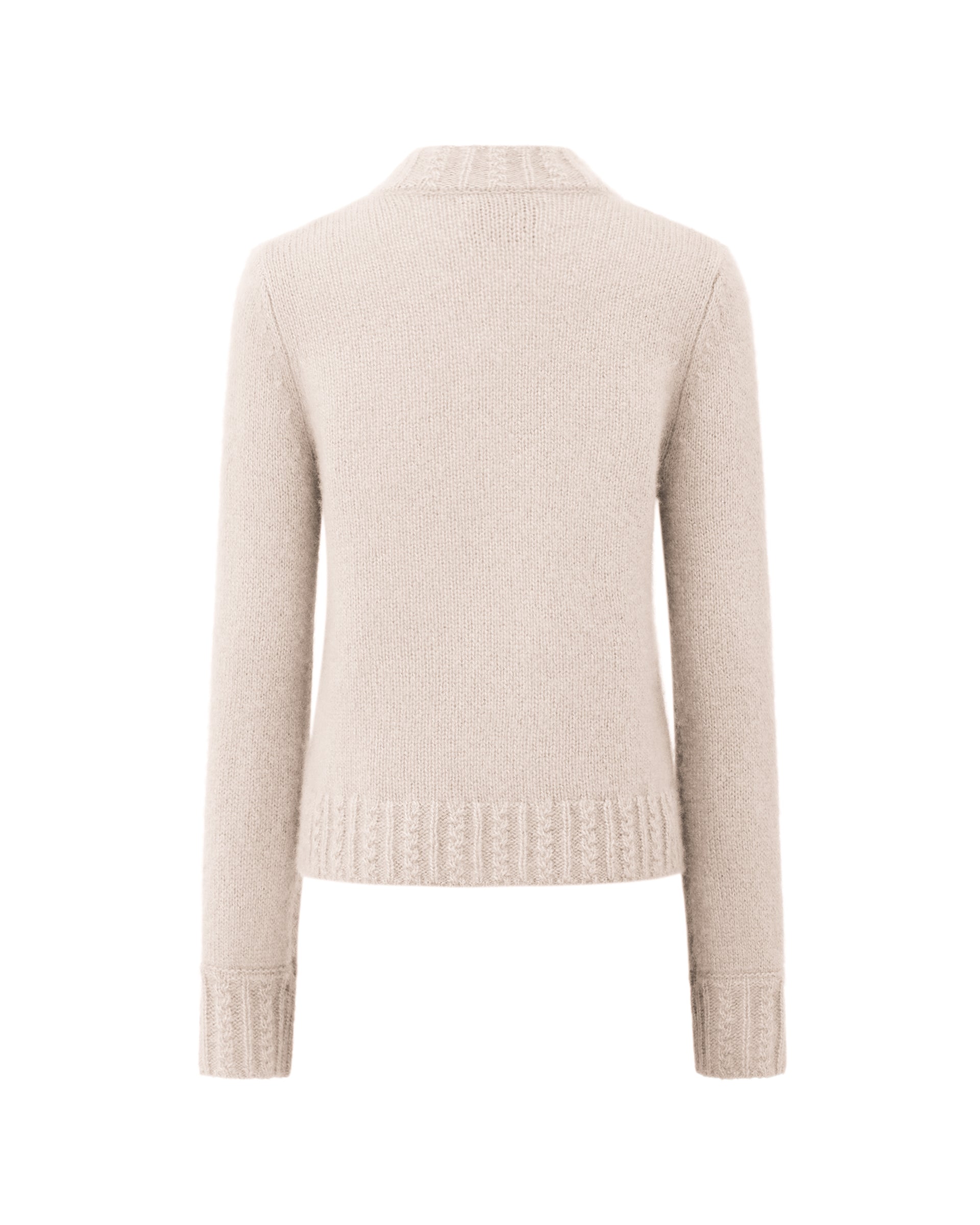Damen Pullover aus 75 % Kaschmir und 25 % Seide in Wheat – glatt gestrickter Pullover in grober Strickqualität mit körperbetonter Passform, Rundhalsausschnitt mit Stehkragen im Zopfmuster, klassischer Schulterform sowie langen, schmalen Ärmeln. Ärmelbündchen und Saum sind im Zopfmuster gearbeitet und verleihen dem Modell einen markanten, strukturierten Look.