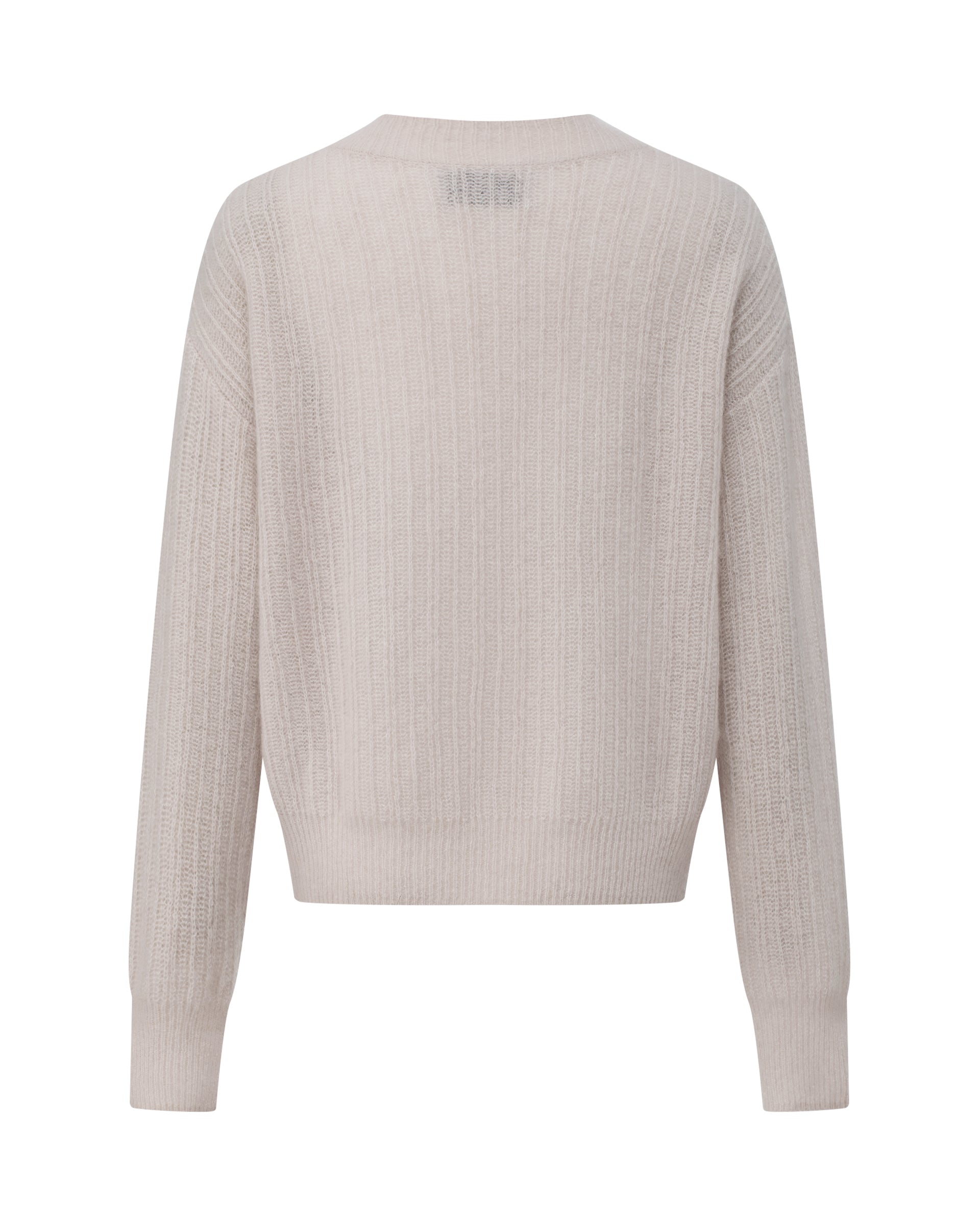 Damen Pullover in misty pink (rosa) aus Kaschmir-Seide – leichter, luftiger Strick mit dekorativem Muster, relaxte Passform, Rundhalsausschnitt mit hohem Rippkragen, überschnittene Schultern, lange weite Ärmel und schmale Rippbündchen an Ärmeln und Saum.