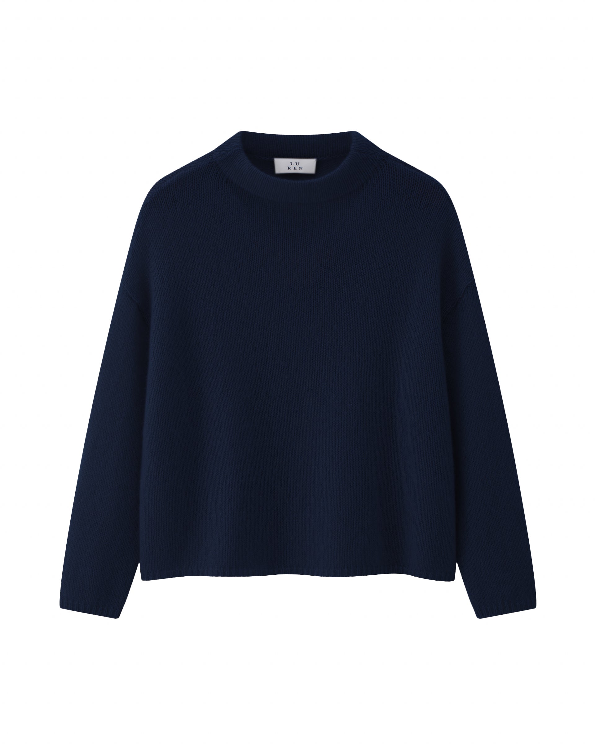 Damen Pullover in french navy (dunkelblau) aus Kaschmir-Seide – mittelschwerer, glatt und locker gestrickter Stoff, oversized Passform, Stehkragen, überschnittene Schultern, lange relaxte Ärmel sowie Rippbündchen an Ärmeln und Saum