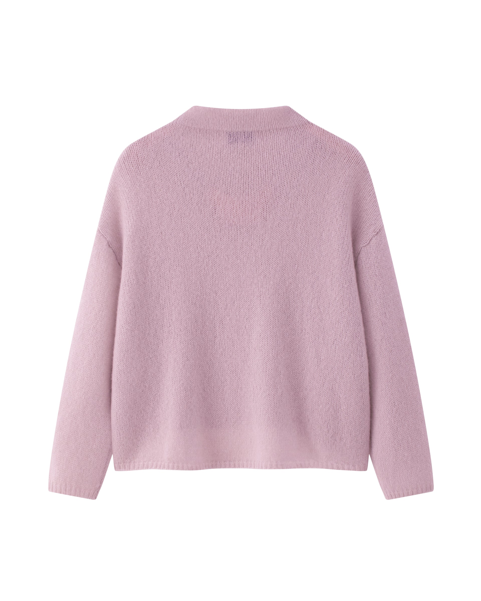 Damen Pullover in light raspberry (rosa) aus Kaschmir-Seide – mittelschwerer, glatt und locker gestrickter Stoff, oversized Passform, Stehkragen, überschnittene Schultern, lange relaxte Ärmel sowie Rippbündchen an Ärmeln und Saum