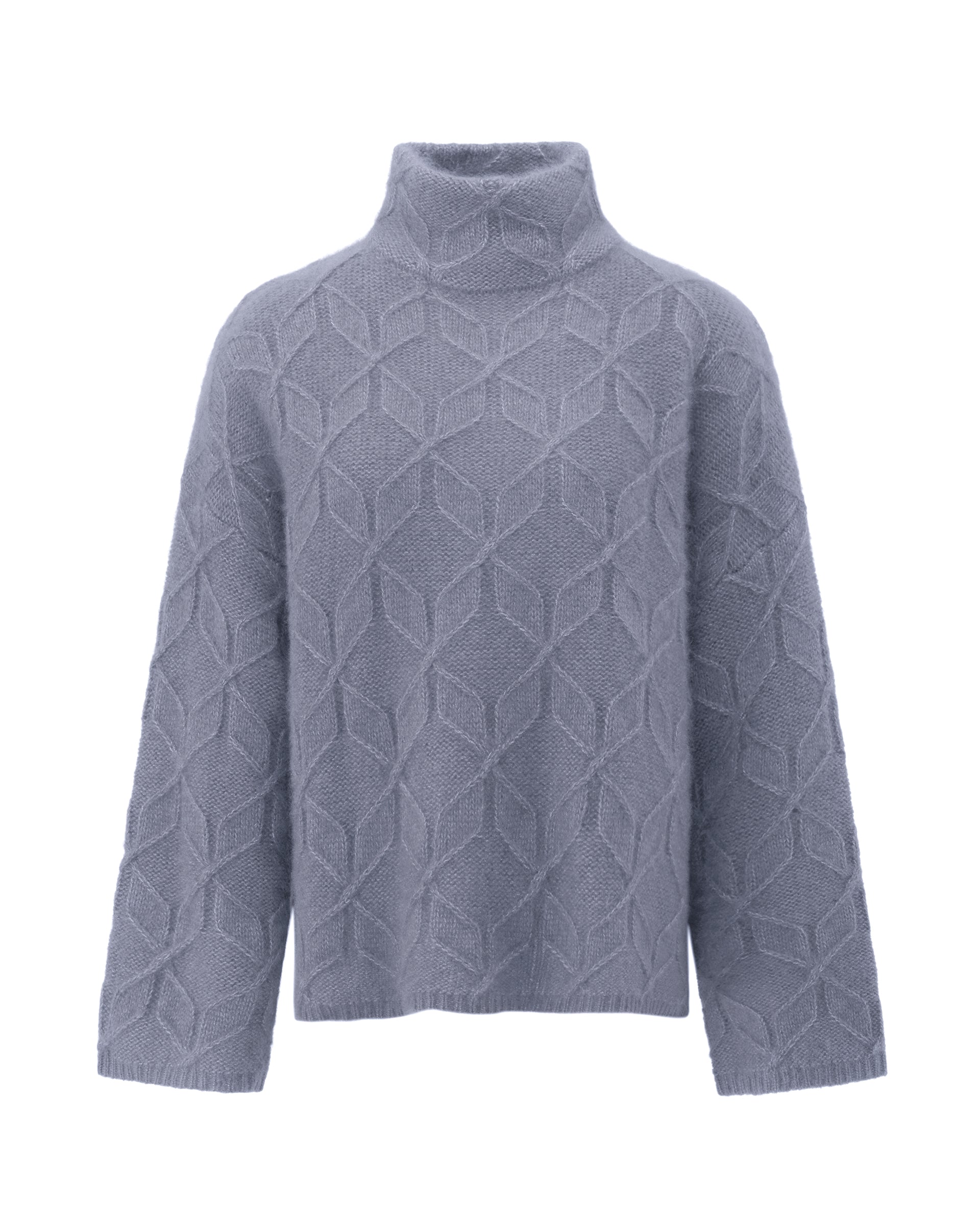 Damen Pullover aus 75 % Kaschmir und 25 % Seide in Blue Mirage – grafisches Zopfstrickmuster in mittelschwerer Qualität mit oversized Passform, breiter und kurzer Silhouette, hohem doppeltem Stehkragen sowie überschnittenen Schultern. Lange, gerade Ärmel und Abschlüsse in Rippstruktur verleihen dem Modell einen modernen Look.