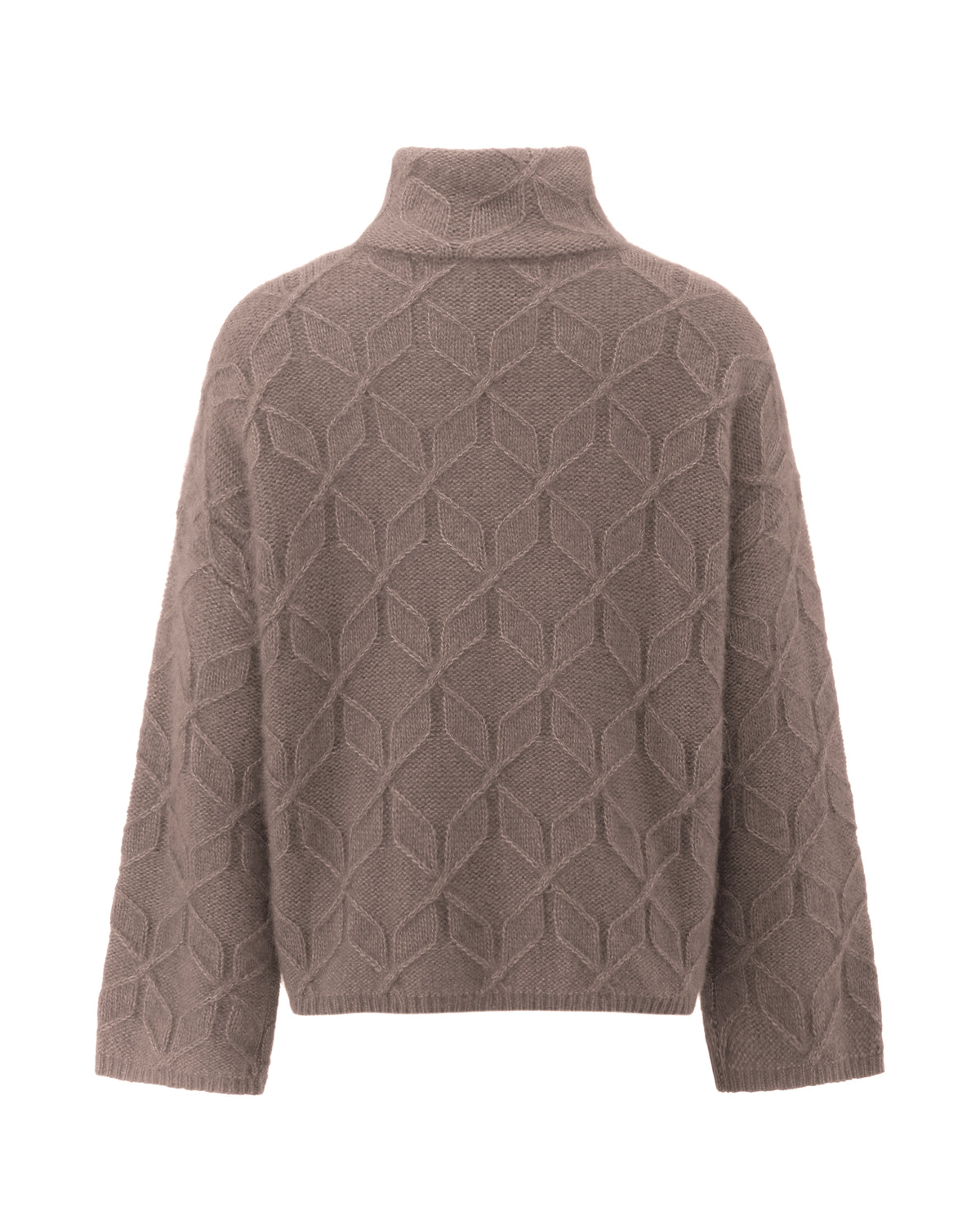 Damen Pullover aus 75 % Kaschmir und 25 % Seide in Natural Twine – grafisches Zopfstrickmuster in mittelschwerer Qualität mit oversized Passform, breiter und kurzer Silhouette, hohem doppeltem Stehkragen sowie überschnittenen Schultern. Lange, gerade Ärmel und Abschlüsse in Rippstruktur verleihen dem Modell einen modernen Look.