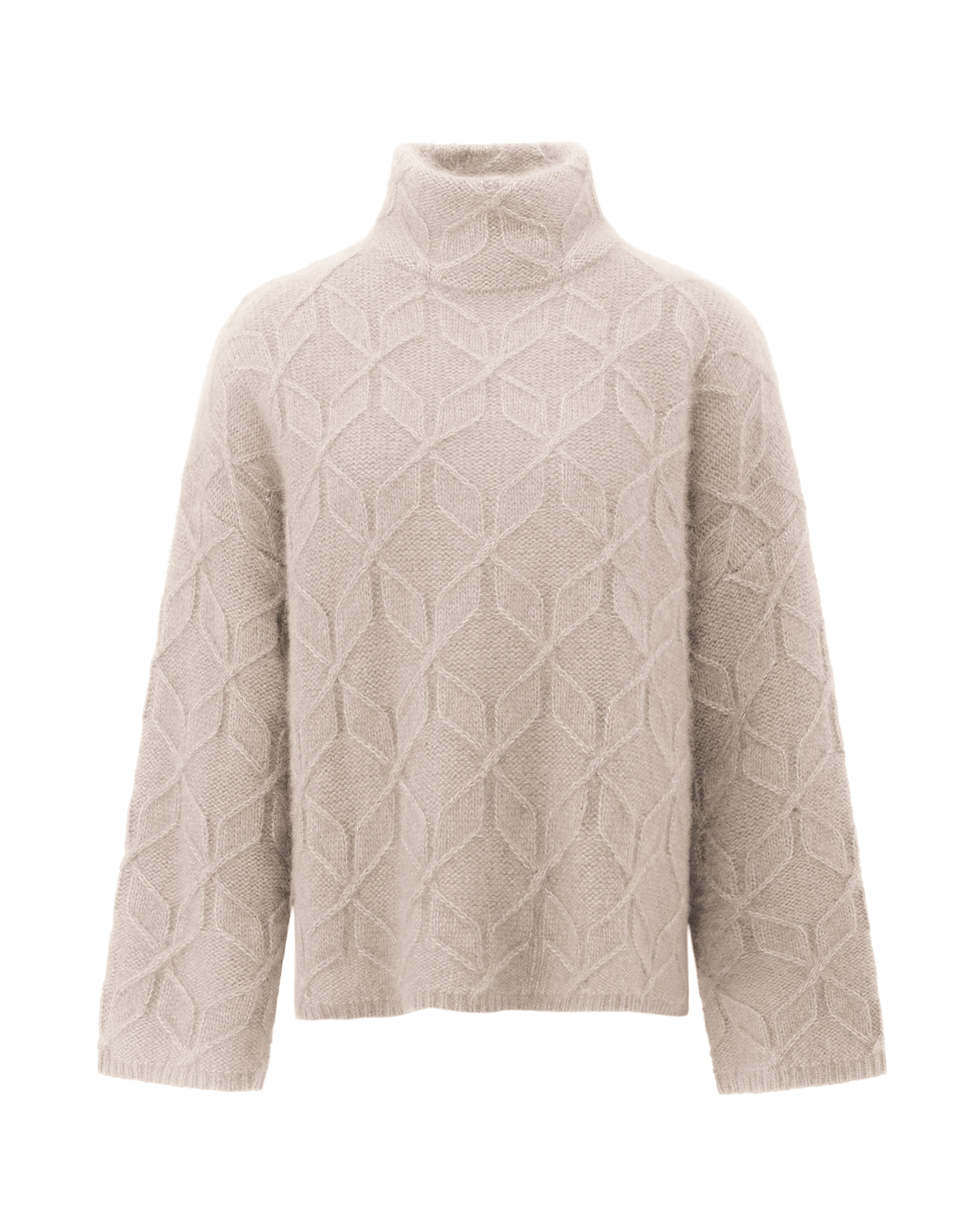Damen Pullover aus 75 % Kaschmir und 25 % Seide in Wheat – grafisches Zopfstrickmuster in mittelschwerer Qualität mit oversized Passform, breiter und kurzer Silhouette, hohem doppeltem Stehkragen sowie überschnittenen Schultern. Lange, gerade Ärmel und Abschlüsse in Rippstruktur verleihen dem Modell einen modernen Look.