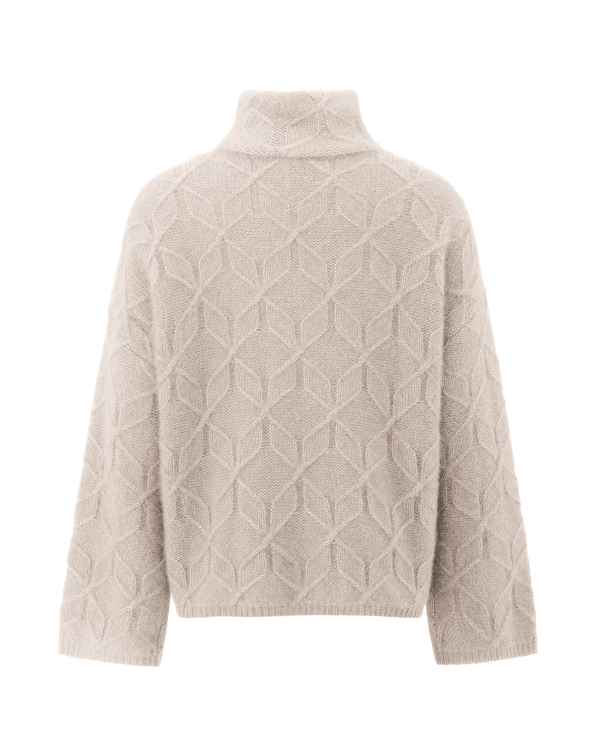 Damen Pullover aus 75 % Kaschmir und 25 % Seide in Wheat – grafisches Zopfstrickmuster in mittelschwerer Qualität mit oversized Passform, breiter und kurzer Silhouette, hohem doppeltem Stehkragen sowie überschnittenen Schultern. Lange, gerade Ärmel und Abschlüsse in Rippstruktur verleihen dem Modell einen modernen Look.