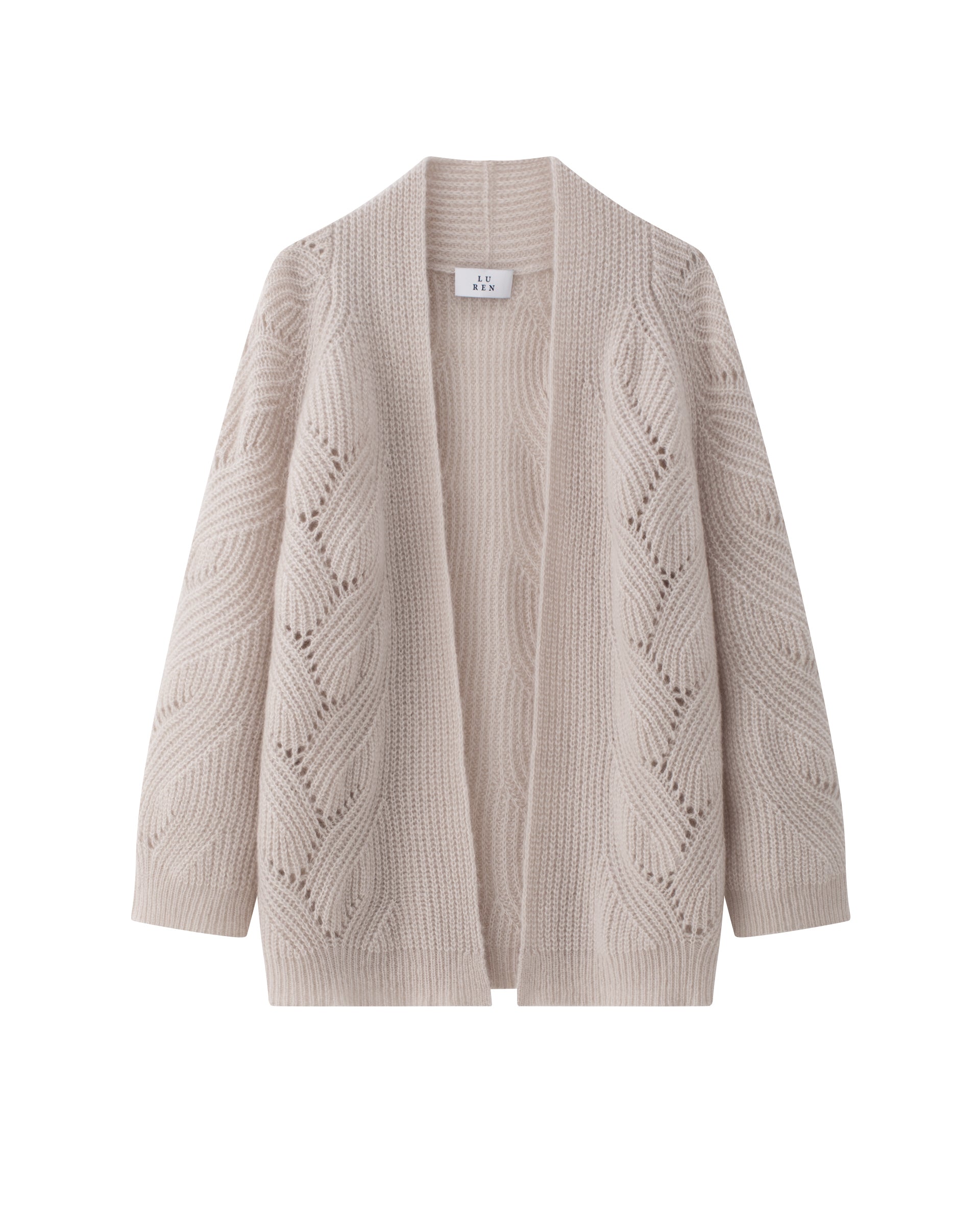 Damen Cardigan in misty pink (rosa) aus Kaschmir-Seide – grob gestrickt im Halbpatent mit dekorativem Lochmuster, oversized Passform, Raglanärmel, lange relaxte Ärmel sowie Rippbündchen an Ärmeln und Saum