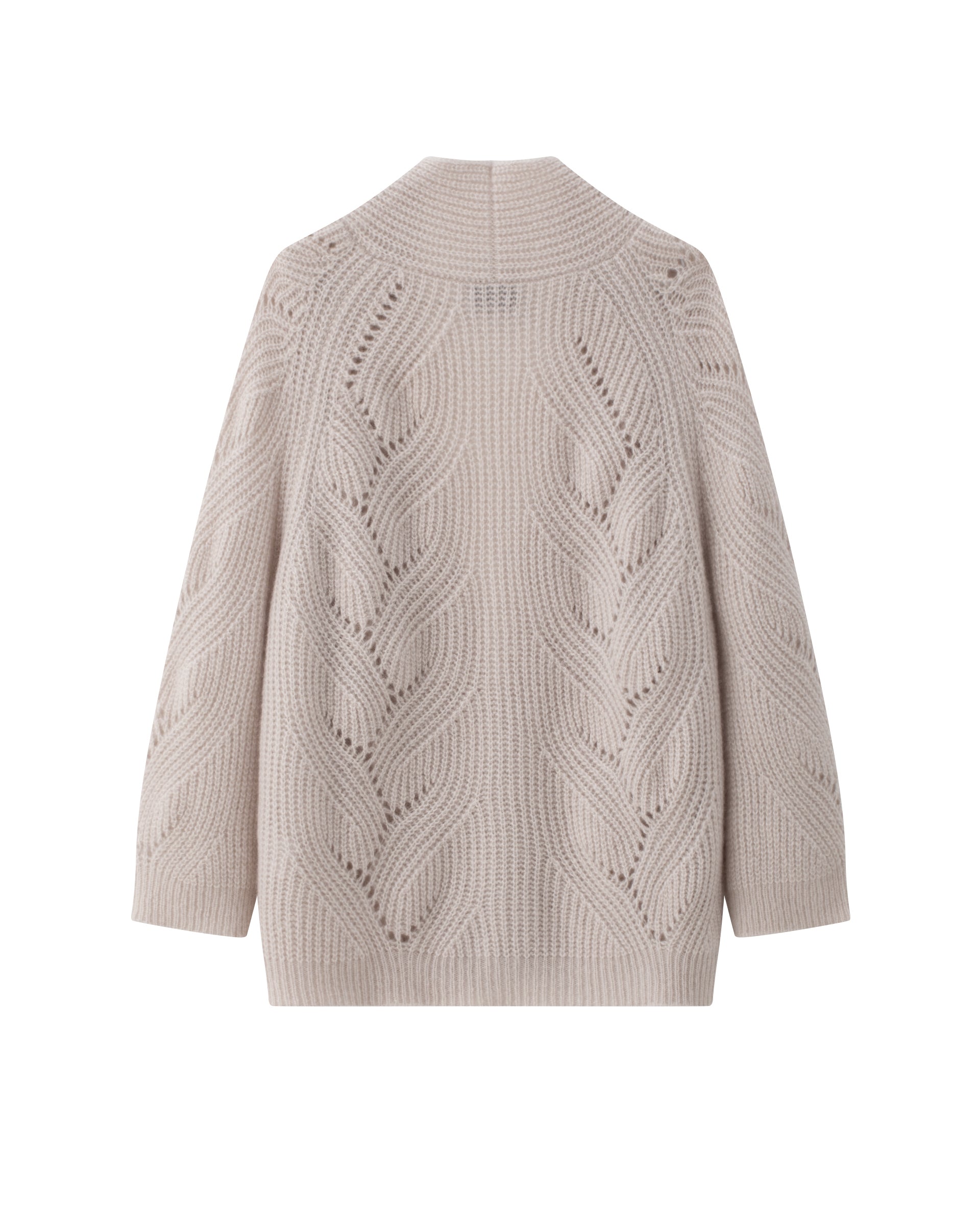 Damen Cardigan in misty pink (rosa) aus Kaschmir-Seide – grob gestrickt im Halbpatent mit dekorativem Lochmuster, oversized Passform, Raglanärmel, lange relaxte Ärmel sowie Rippbündchen an Ärmeln und Saum