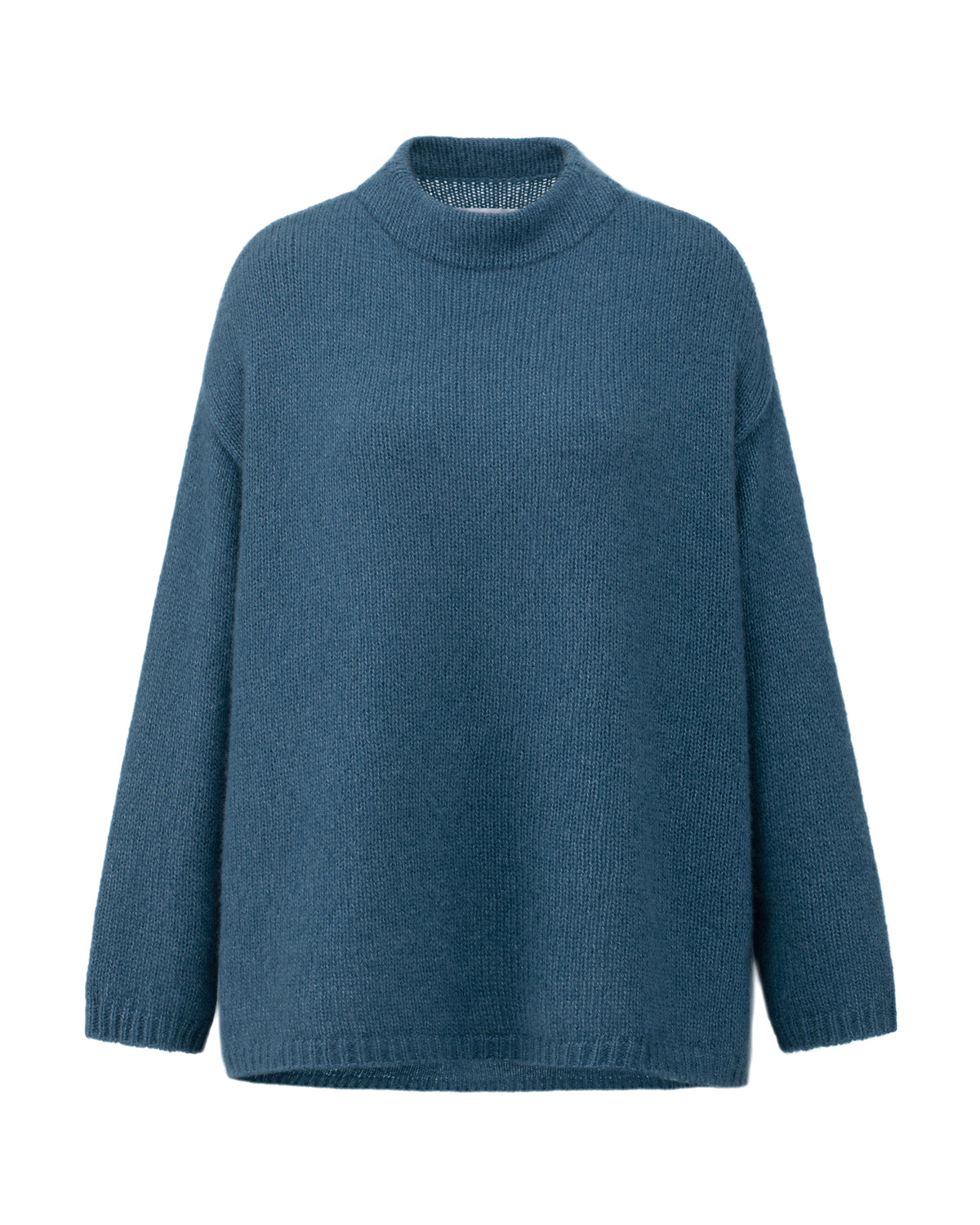 Damen Pullover aus 75 % Kaschmir und 25 % Seide in Cristal Teal – glatt gestrickter Pullover in mittelschwerer Qualität mit oversized Passform, Stehkragen, überschnittener Schulterform sowie langen, relaxten Ärmeln. Das Modell überzeugt mit einer modernen, entspannten Silhouette und zeitlosem Design.