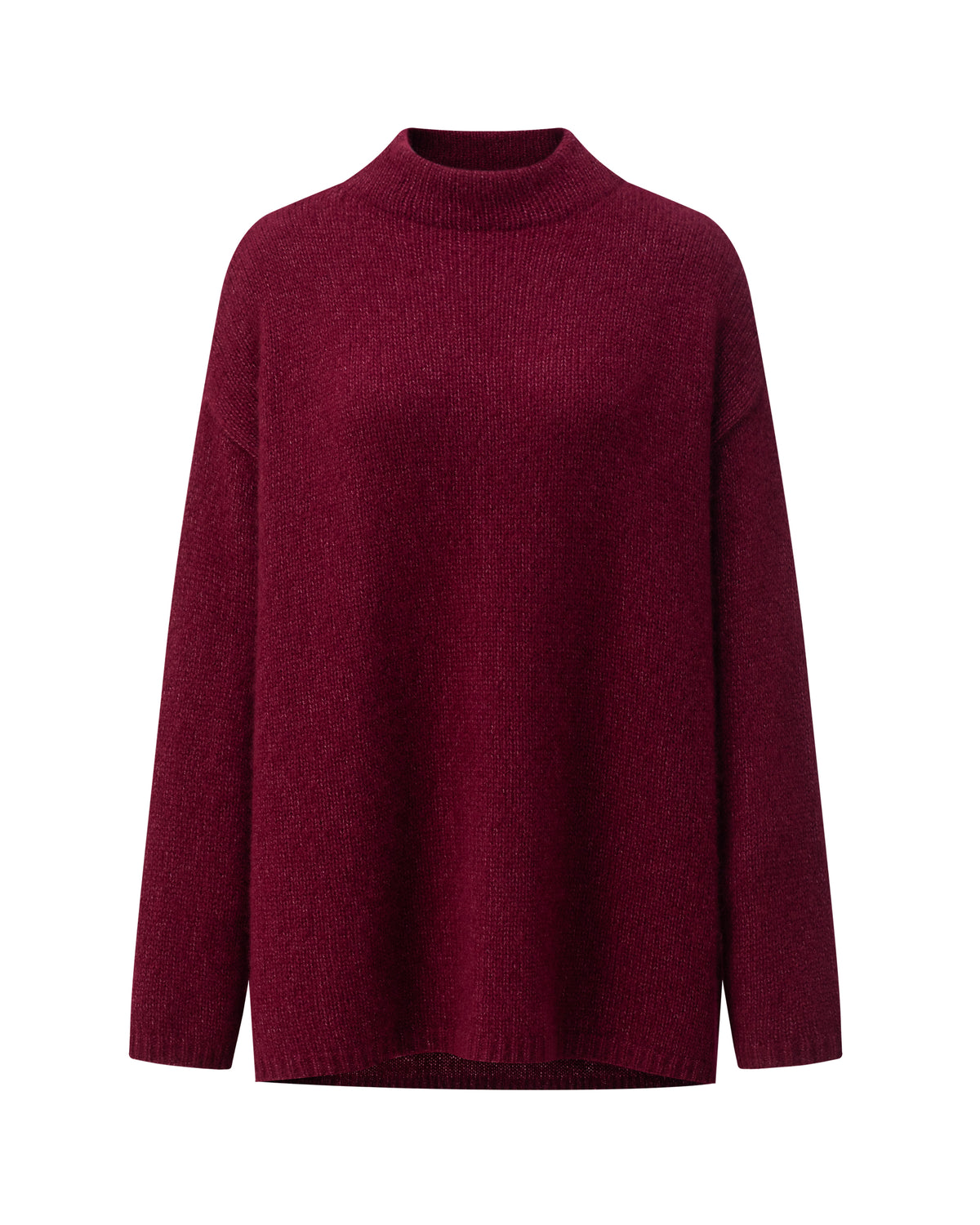 Damen Pullover aus 75 % Kaschmir und 25 % Seide in Burgundy – glatt gestrickter Pullover in mittelschwerer Qualität mit oversized Passform, Stehkragen, überschnittener Schulterform sowie langen, relaxten Ärmeln. Das Modell überzeugt mit einer modernen, entspannten Silhouette und zeitlosem Design.