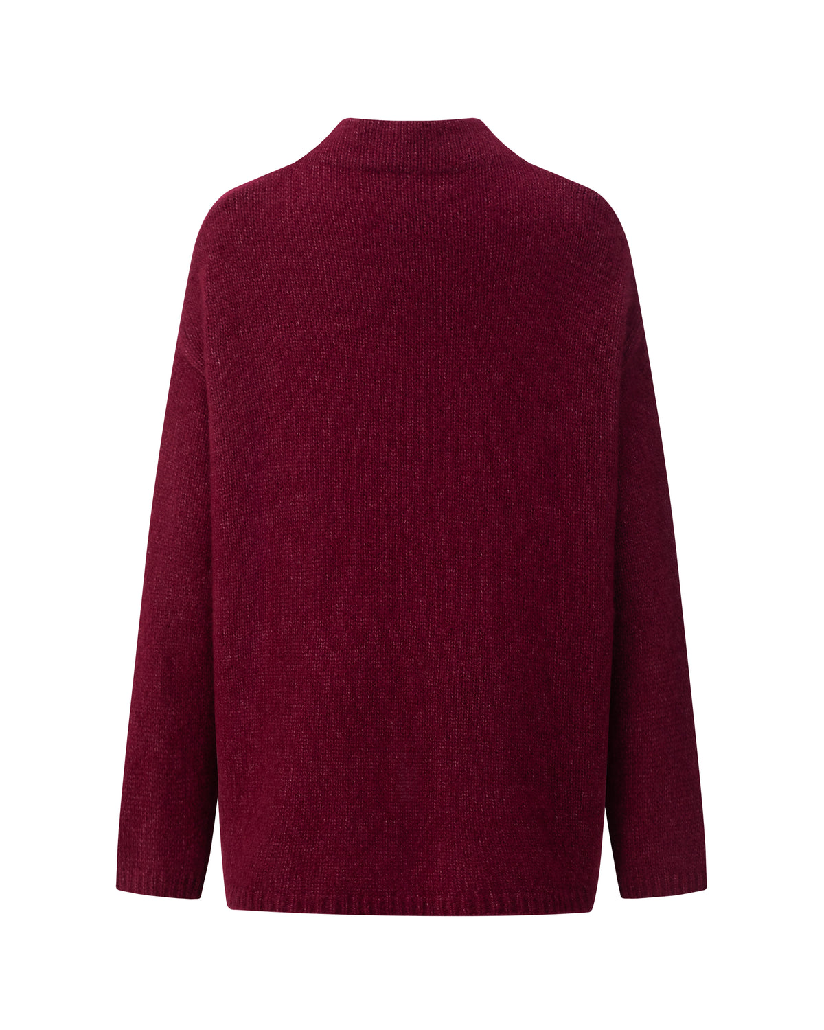 Damen Pullover aus 75 % Kaschmir und 25 % Seide in Burgundy – glatt gestrickter Pullover in mittelschwerer Qualität mit oversized Passform, Stehkragen, überschnittener Schulterform sowie langen, relaxten Ärmeln. Das Modell überzeugt mit einer modernen, entspannten Silhouette und zeitlosem Design.