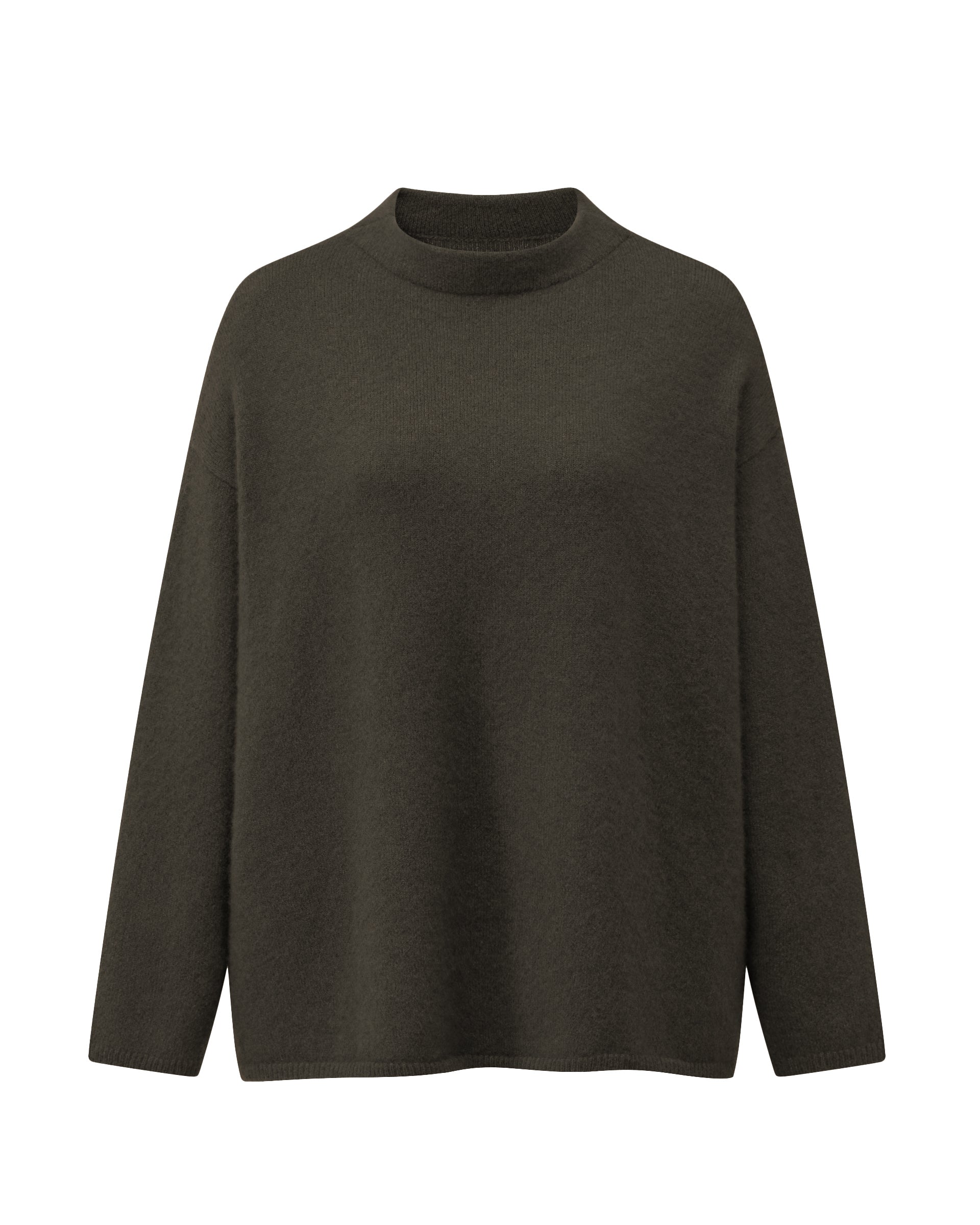 Damen Pullover aus 80 % Kaschmir, 18 % Polyamid und 2 % Elastan in Black Forest – glatt gestrickter Pullover in mittelschwerer Qualität mit gefilzter, besonders elastischer Oberfläche und oversized Passform. Das Modell verfügt über einen Stehkragen, eine überschnittene Schulterform sowie lange, relaxte Ärmel und überzeugt durch seine moderne, komfortable Silhouette.