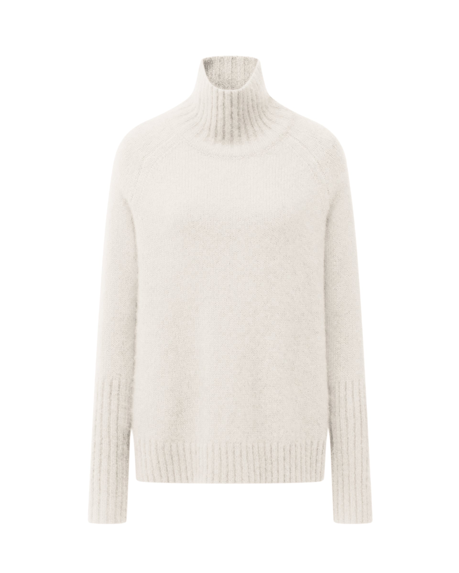 Damen Pullover aus 75 % Kaschmir und 25 % Seide in Ivory – glatt gestrickter Pullover in mittelschwerer Qualität mit langer, relaxter Passform, die zum Saum hin leicht ausgestellt ist. Das Modell verfügt über einen Stehkragen in Rippstruktur, Raglanschultern sowie lange, schmale Ärmel. Hohe Ärmelbündchen und der Saum sind in Rippstruktur gearbeitet und verleihen dem Pullover eine moderne, elegante Silhouette.
