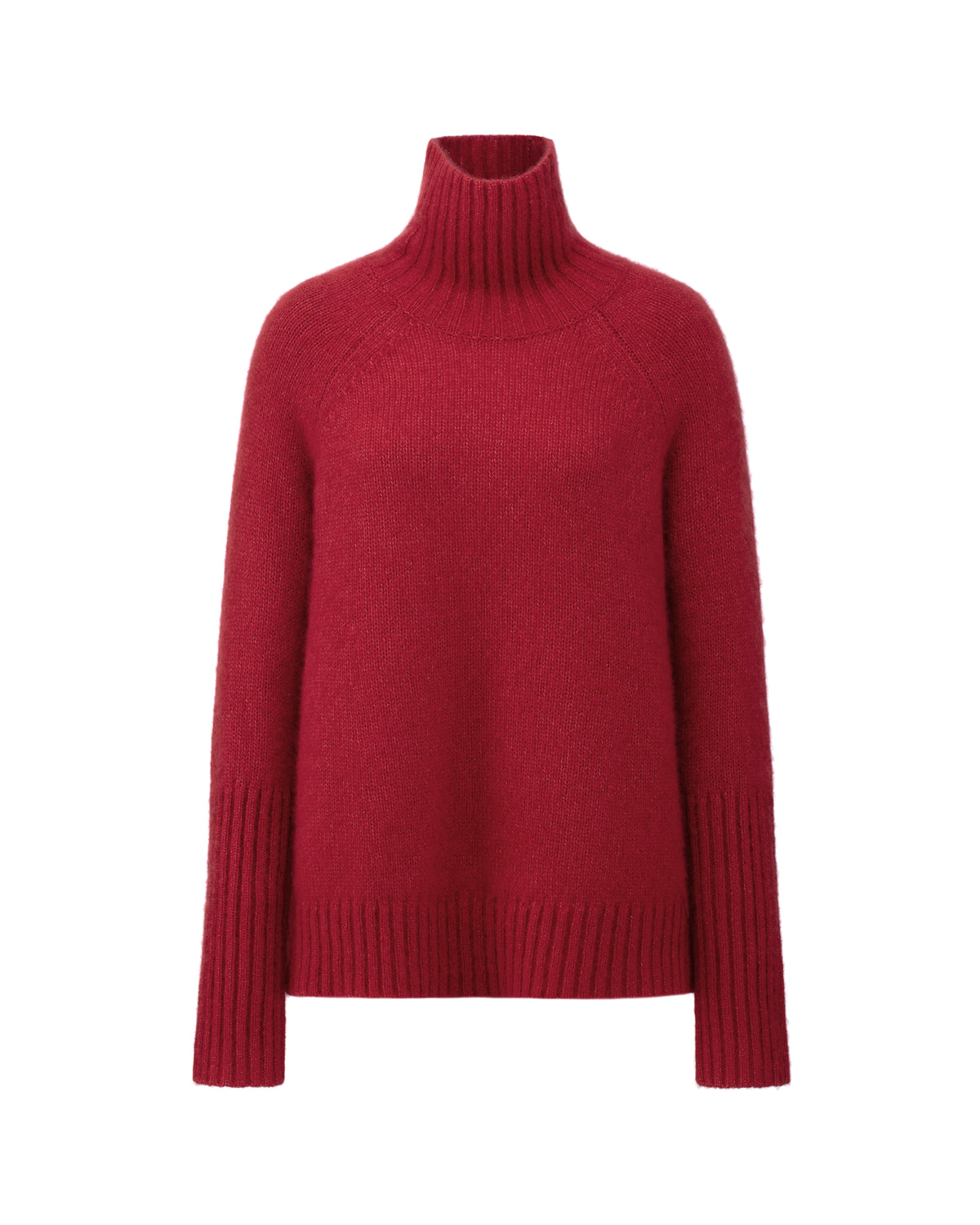 Damen Pullover aus 75 % Kaschmir und 25 % Seide in Royal Garnet – glatt gestrickter Pullover in mittelschwerer Qualität mit langer, relaxter Passform, die zum Saum hin leicht ausgestellt ist. Das Modell verfügt über einen Stehkragen in Rippstruktur, Raglanschultern sowie lange, schmale Ärmel. Hohe Ärmelbündchen und der Saum sind in Rippstruktur gearbeitet und verleihen dem Pullover eine moderne, elegante Silhouette.