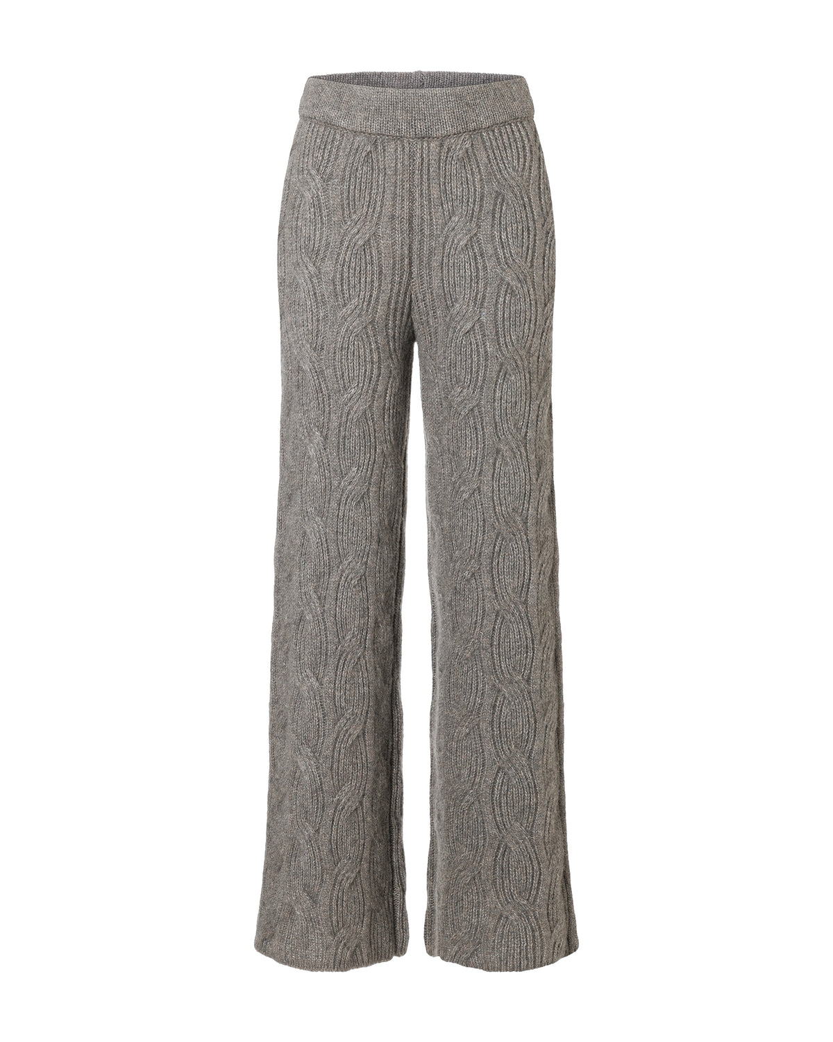 Damen Hose aus 75% Kaschmir, 25% Seide in Earth – Hose mit Zopfmuster, elastischem Bund und ausgestelltem Bein.