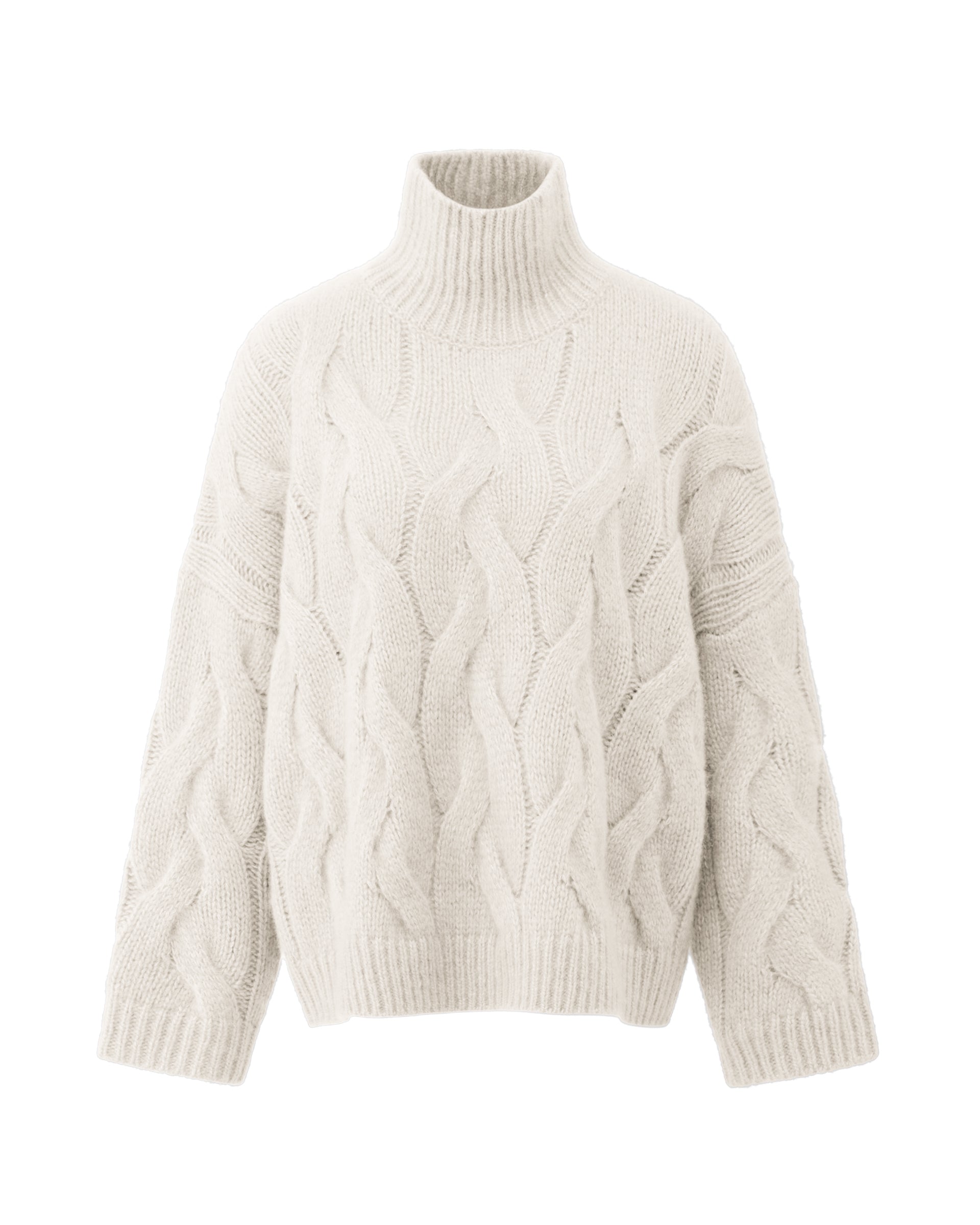 Damen Pullover aus 75 % Kaschmir und 25 % Seide in Ivory – grob gestrickter Pullover mit Zopfstrickmuster in oversized Passform mit langer, weiter Silhouette. Das Modell verfügt über einen hohen Stehkragen in Rippstruktur, eine überschnittene Schulter sowie lange, weite Ärmel. Ärmelbündchen und Saum sind in Rippstruktur gearbeitet und unterstreichen den markanten Strickcharakter des Designs.