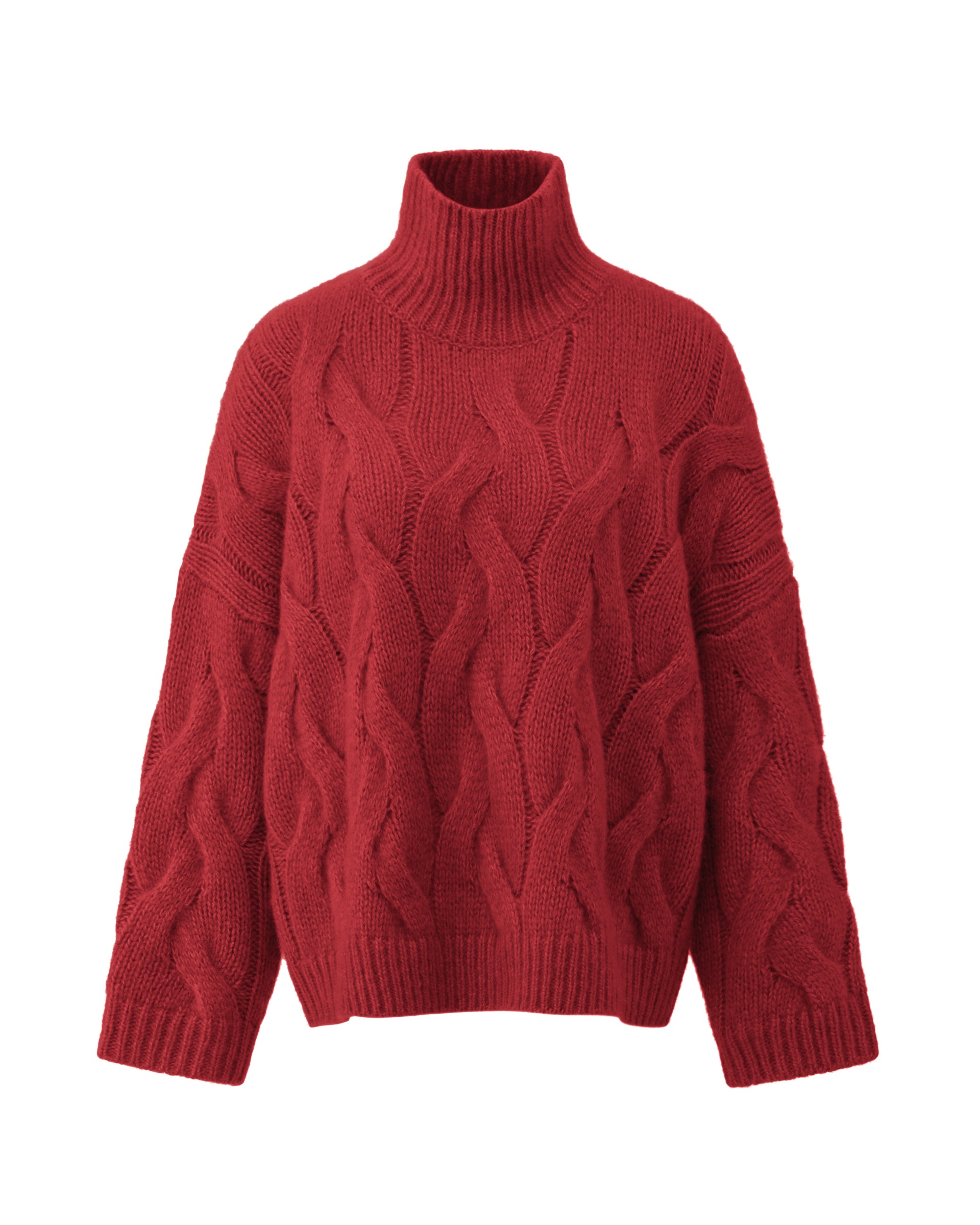 Damen Pullover aus 75 % Kaschmir und 25 % Seide in Royal Garnet – grob gestrickter Pullover mit Zopfstrickmuster in oversized Passform mit langer, weiter Silhouette. Das Modell verfügt über einen hohen Stehkragen in Rippstruktur, eine überschnittene Schulter sowie lange, weite Ärmel. Ärmelbündchen und Saum sind in Rippstruktur gearbeitet und unterstreichen den markanten Strickcharakter des Designs.