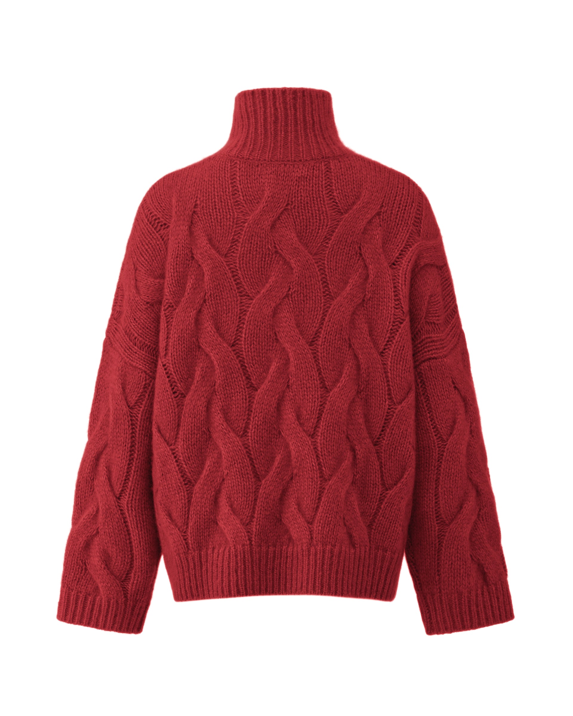 Damen Pullover aus 75 % Kaschmir und 25 % Seide in Royal Garnet – grob gestrickter Pullover mit Zopfstrickmuster in oversized Passform mit langer, weiter Silhouette. Das Modell verfügt über einen hohen Stehkragen in Rippstruktur, eine überschnittene Schulter sowie lange, weite Ärmel. Ärmelbündchen und Saum sind in Rippstruktur gearbeitet und unterstreichen den markanten Strickcharakter des Designs.
