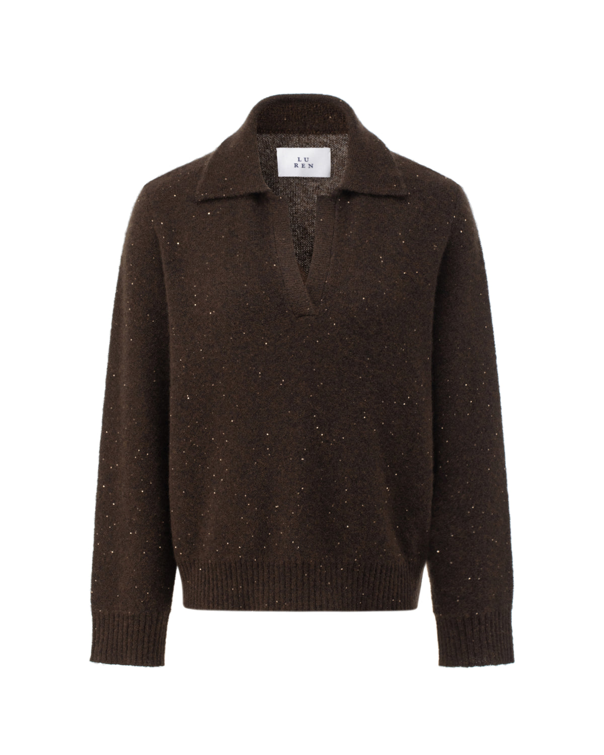 Damen Pullover aus 60 % Kaschmir, 39 % Seide und 1 % Pailletten in Echo – links gestrickter Pullover in mittelschwerer Qualität mit lockerer Passform, Polokragen mit tiefer, offener Leiste, klassischer, leicht überschnittener Schulterform sowie langen, relaxten Ärmeln. Ärmelbündchen und Saum sind in Rippstruktur gearbeitet. Dezent eingearbeitete Pailletten verleihen dem Modell einen eleganten, schimmernden Akzent.
