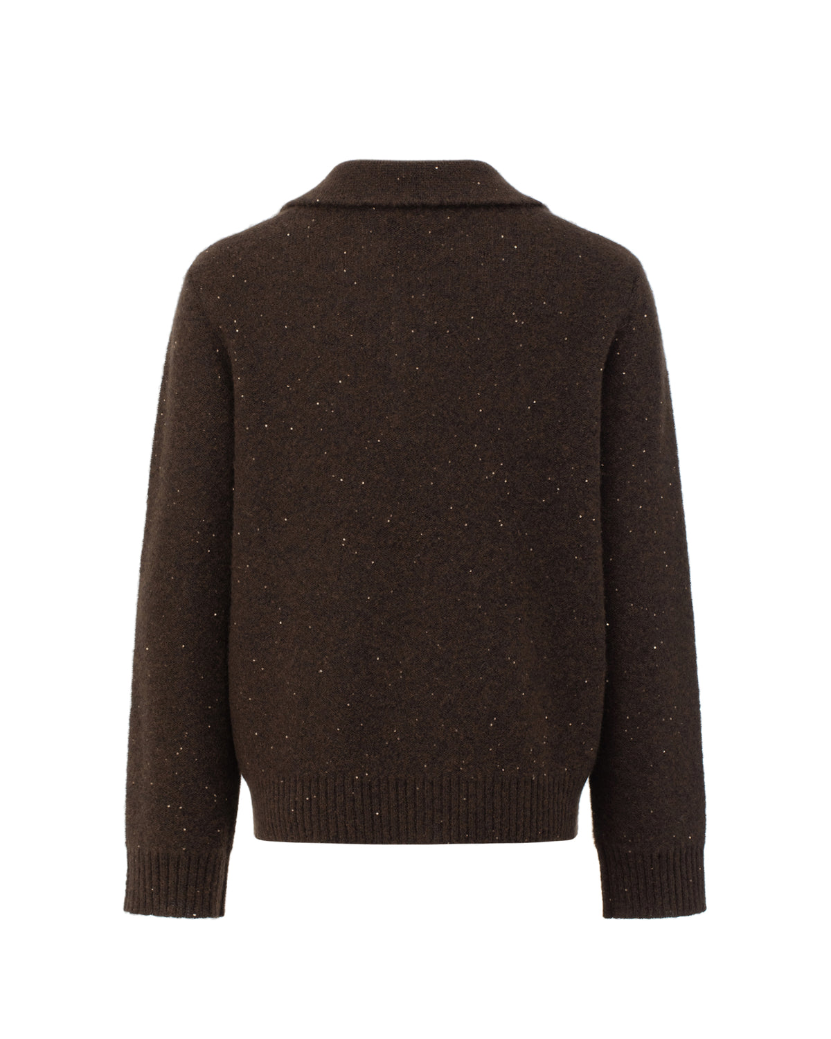 Damen Pullover aus 60 % Kaschmir, 39 % Seide und 1 % Pailletten in Echo – links gestrickter Pullover in mittelschwerer Qualität mit lockerer Passform, Polokragen mit tiefer, offener Leiste, klassischer, leicht überschnittener Schulterform sowie langen, relaxten Ärmeln. Ärmelbündchen und Saum sind in Rippstruktur gearbeitet. Dezent eingearbeitete Pailletten verleihen dem Modell einen eleganten, schimmernden Akzent.