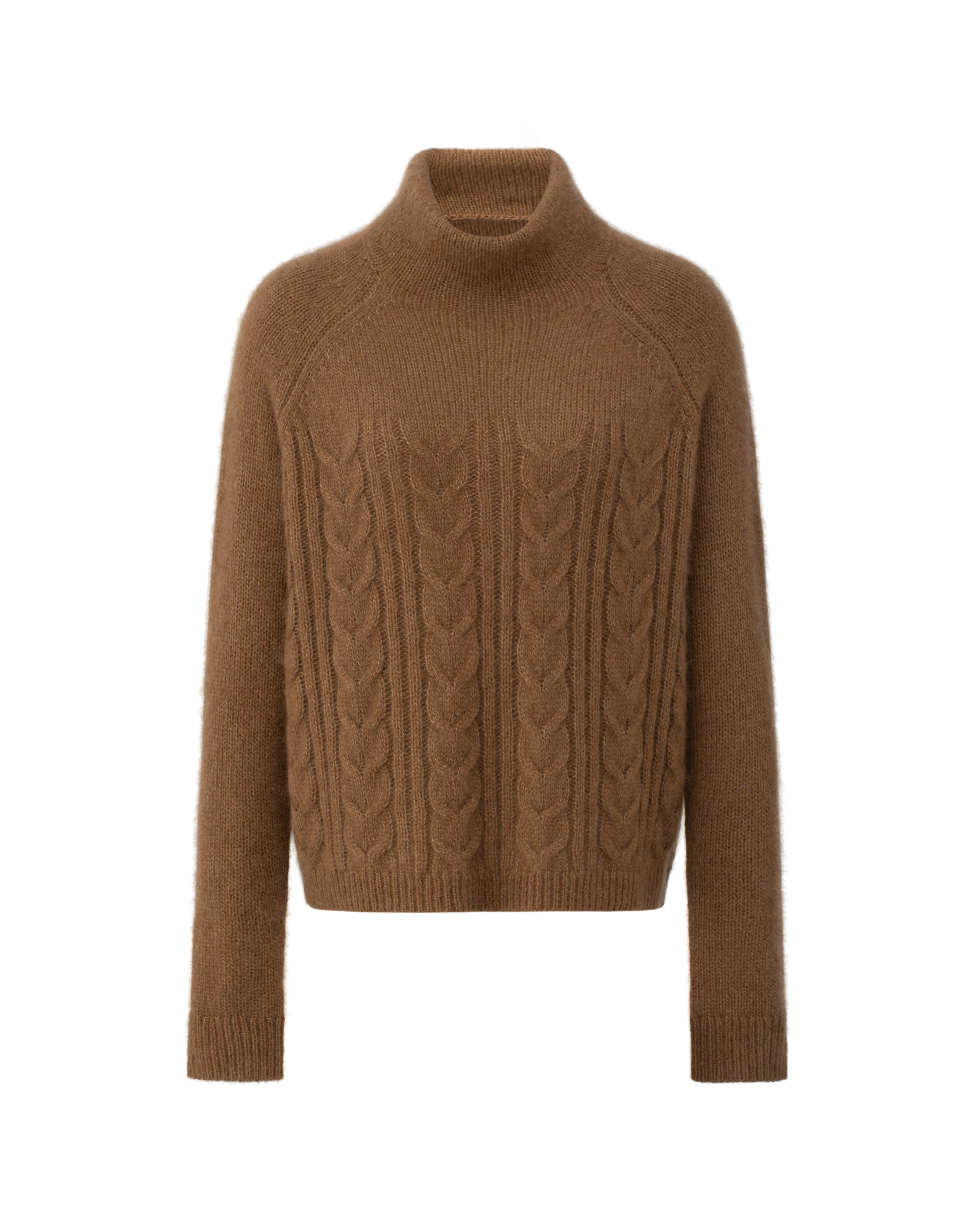 Damen Pullover aus 75 % Kaschmir und 25 % Seide in Vintage Cocoa – glatt gestrickter Pullover mit Zopfstrickmuster in mittelschwerer Qualität und figurbetonter Passform. Das Modell verfügt über einen Kragen, der als Stehkragen oder Rollkragen getragen werden kann, Raglanärmel sowie lange, schmale Ärmel. Ärmelbündchen und Saum sind in Rippstruktur gearbeitet und verleihen dem Design einen stilvollen Abschluss.
