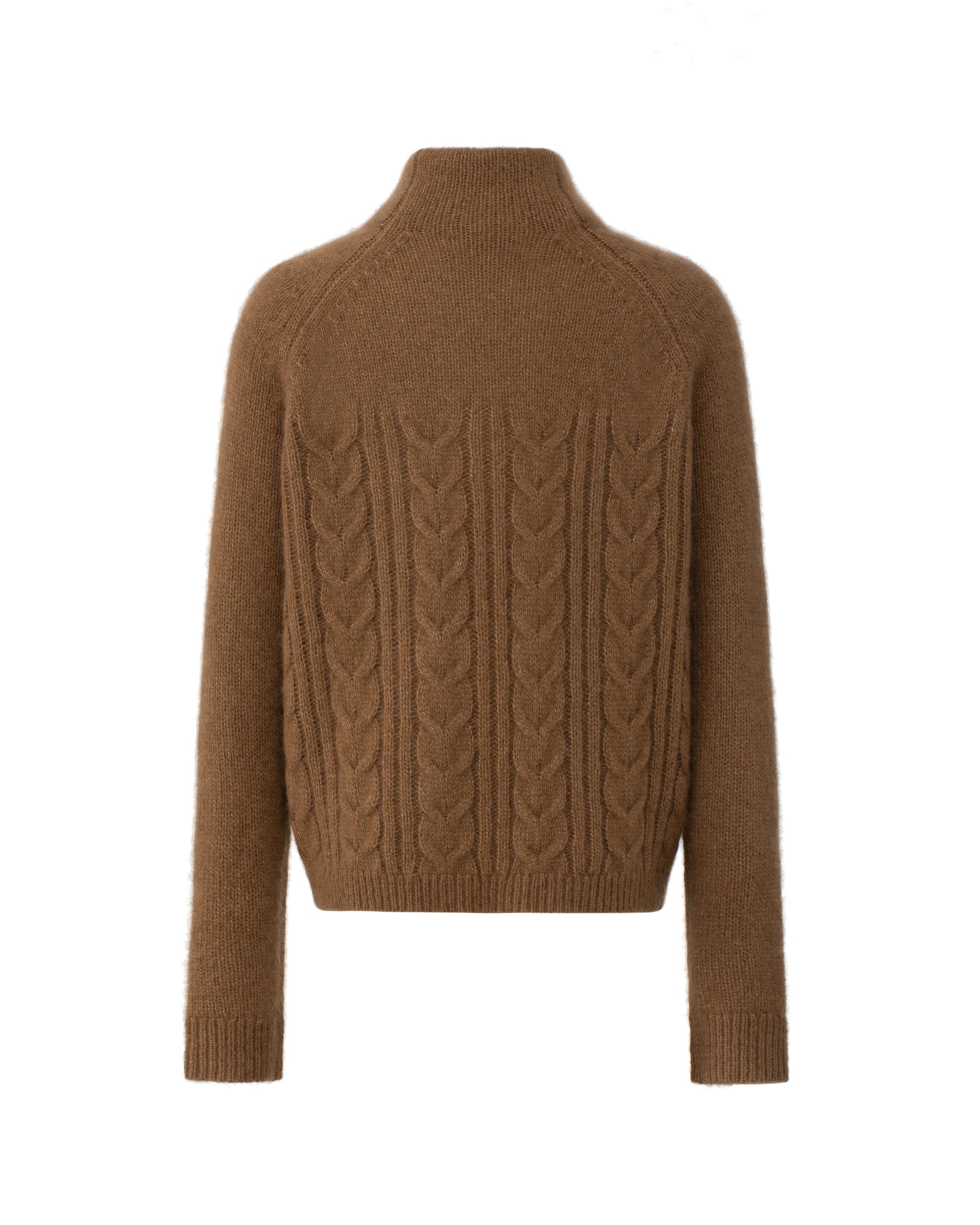 Damen Pullover aus 75 % Kaschmir und 25 % Seide in Vintage Cocoa – glatt gestrickter Pullover mit Zopfstrickmuster in mittelschwerer Qualität und figurbetonter Passform. Das Modell verfügt über einen Kragen, der als Stehkragen oder Rollkragen getragen werden kann, Raglanärmel sowie lange, schmale Ärmel. Ärmelbündchen und Saum sind in Rippstruktur gearbeitet und verleihen dem Design einen stilvollen Abschluss.
