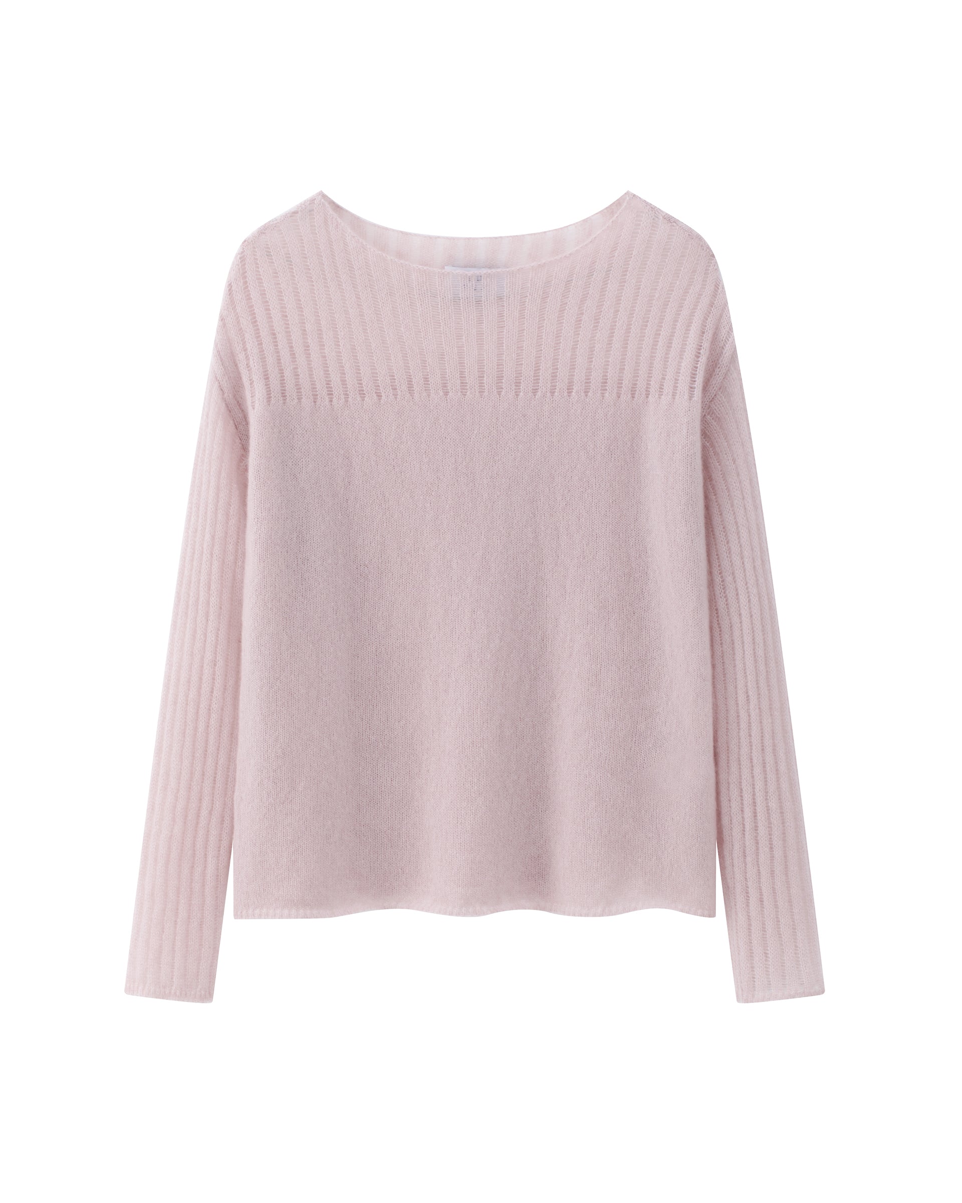 Damen Pullover in pinkish grey (rosa) aus Kaschmir-Seide – leichter, luftiger Strick, glatt mit dekorativem Lochmuster oberhalb und an den Ärmeln, relaxte Passform, U-Boot-Ausschnitt, überschnittene Schultern, lange schmale Ärmel sowie Rippbündchen an Ärmeln und Saum