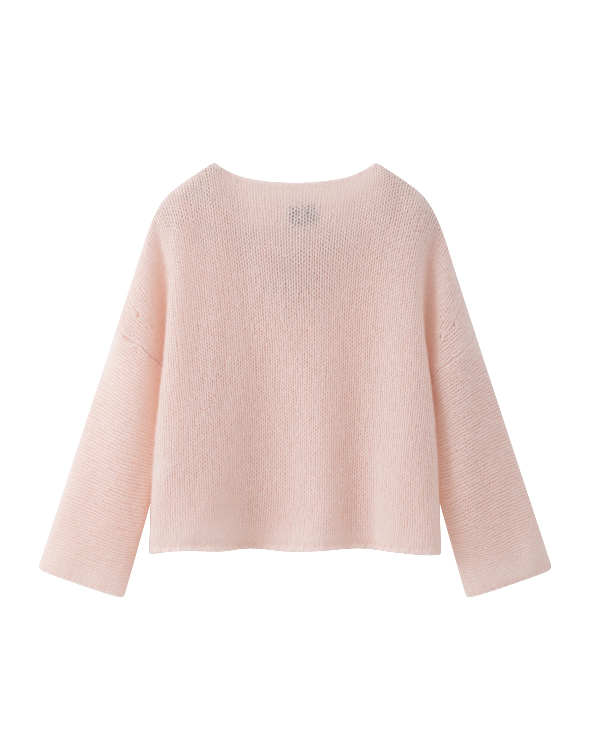 Damen Pullover in cherry blossom (hellorange) aus Kaschmir-Seide – grob, glatt und locker gestrickt mit dekorativem Lochmuster oberhalb der Ärmel, oversized Passform, U-Boot-Ausschnitt, überschnittene Schultern sowie lange, weite Ärmel.