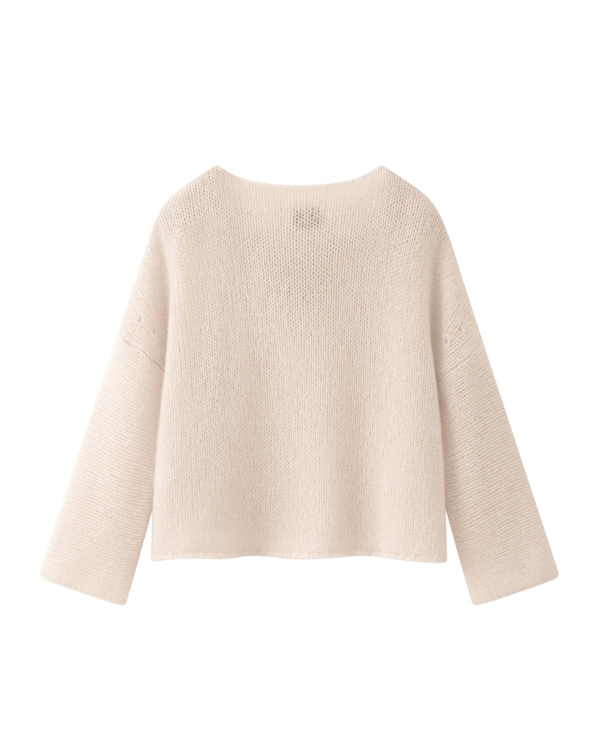 Damen Pullover in lunar (creme) aus Kaschmir-Seide – grob, glatt und locker gestrickt mit dekorativem Lochmuster oberhalb der Ärmel, oversized Passform, U-Boot-Ausschnitt, überschnittene Schultern sowie lange, weite Ärmel.