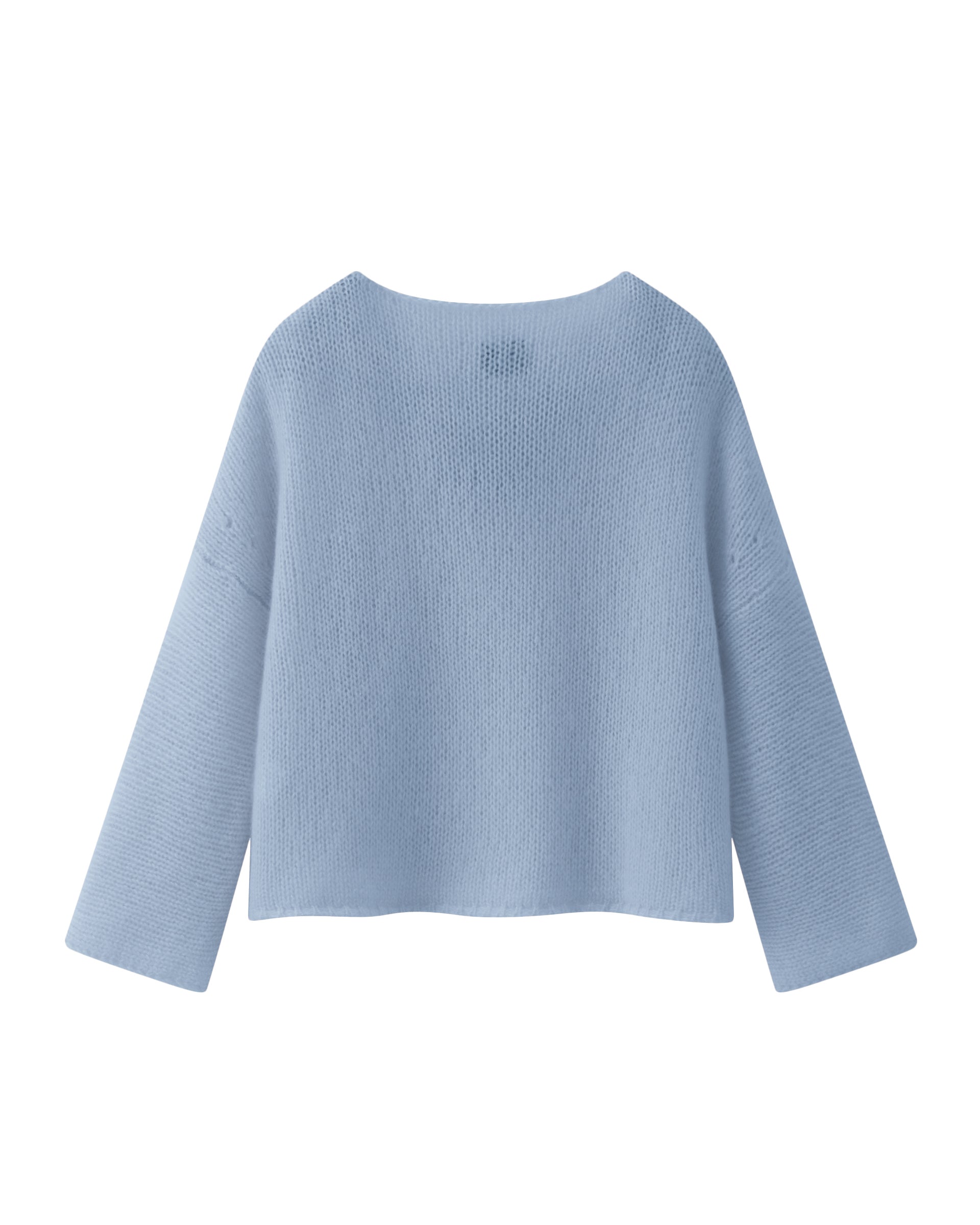 Damen Pullover in sky blue (blau) aus Kaschmir-Seide – grob, glatt und locker gestrickt mit dekorativem Lochmuster oberhalb der Ärmel, oversized Passform, U-Boot-Ausschnitt, überschnittene Schultern sowie lange, weite Ärmel.