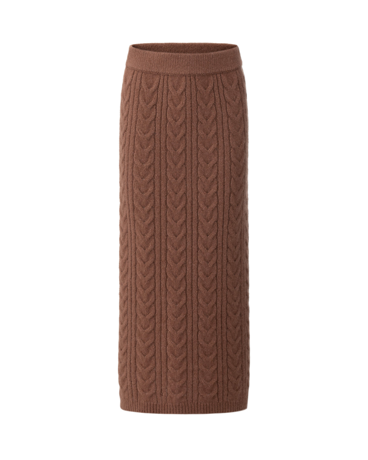 Damen Strickrock aus 75 % Kaschmir und 25 % Seide in Maple – Strickrock mit Zopfstrickmuster in mittelschwerer Qualität mit figurbetonter, gerade geschnittener Passform und Midi-Länge. Das Modell verfügt über einen Taillenbund mit Gummizug sowie einen Saum in Rippstruktur und verbindet zeitlose Eleganz mit hohem Tragekomfort. 