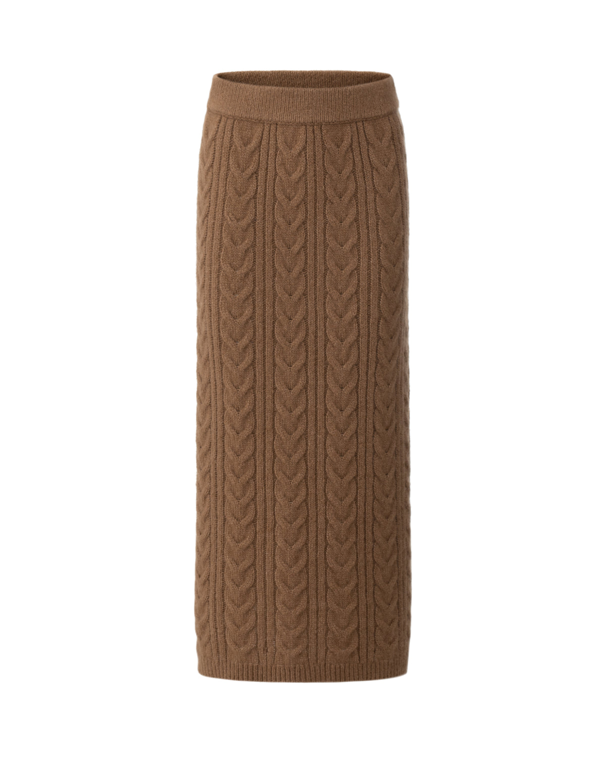 Damen Strickrock aus 75 % Kaschmir und 25 % Seide in Vintage Cocoa – Strickrock mit Zopfstrickmuster in mittelschwerer Qualität mit figurbetonter, gerade geschnittener Passform und Midi-Länge. Das Modell verfügt über einen Taillenbund mit Gummizug sowie einen Saum in Rippstruktur und verbindet zeitlose Eleganz mit hohem Tragekomfort. 