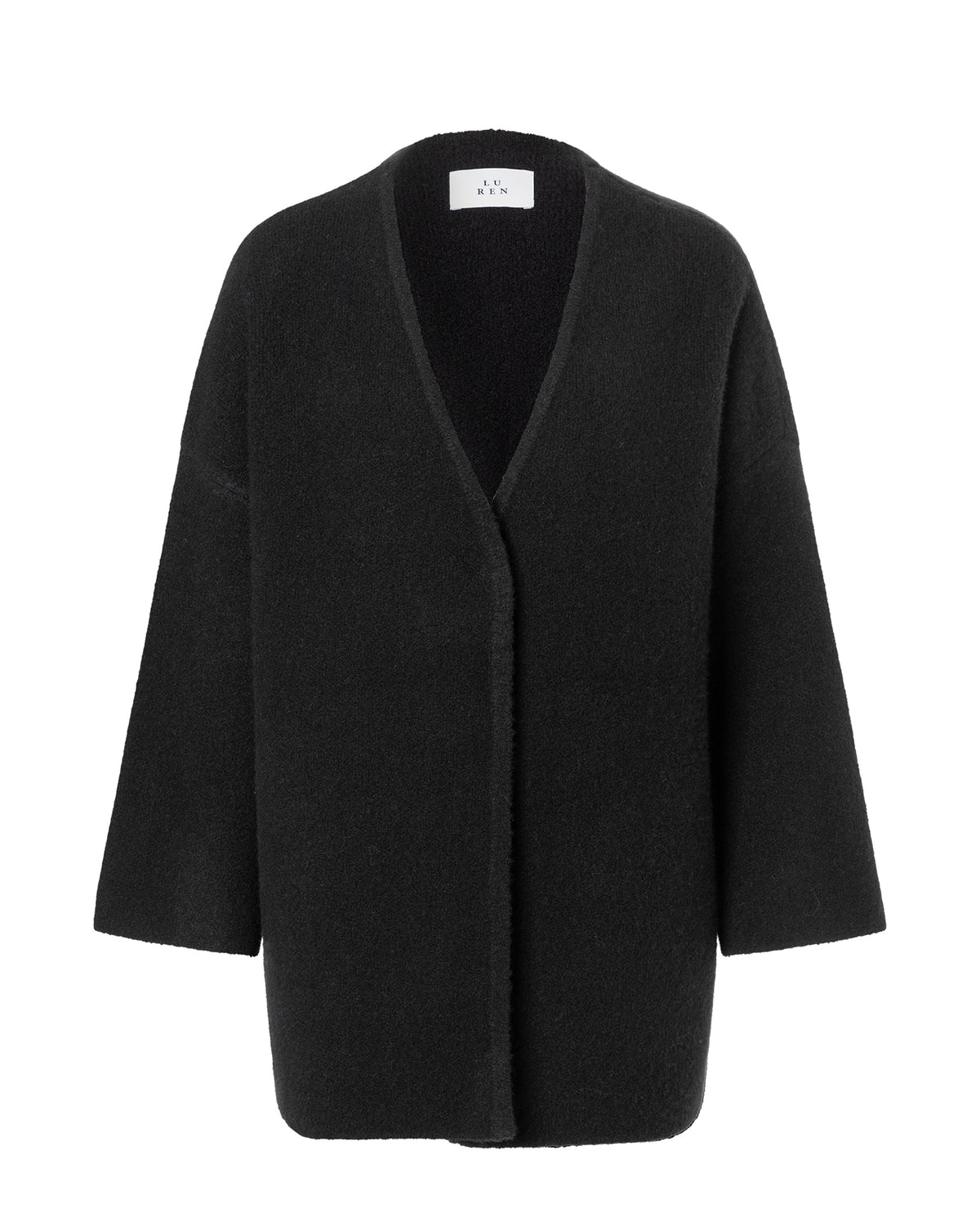 Damen Jacke aus 80% Kaschmir, 18% Polyamid, 2% Elastan in Black – Glatt gestrickte Jacke mit verdecktem Druckknopf, überschnittenen Schultern und langen, relaxten Ärmeln.