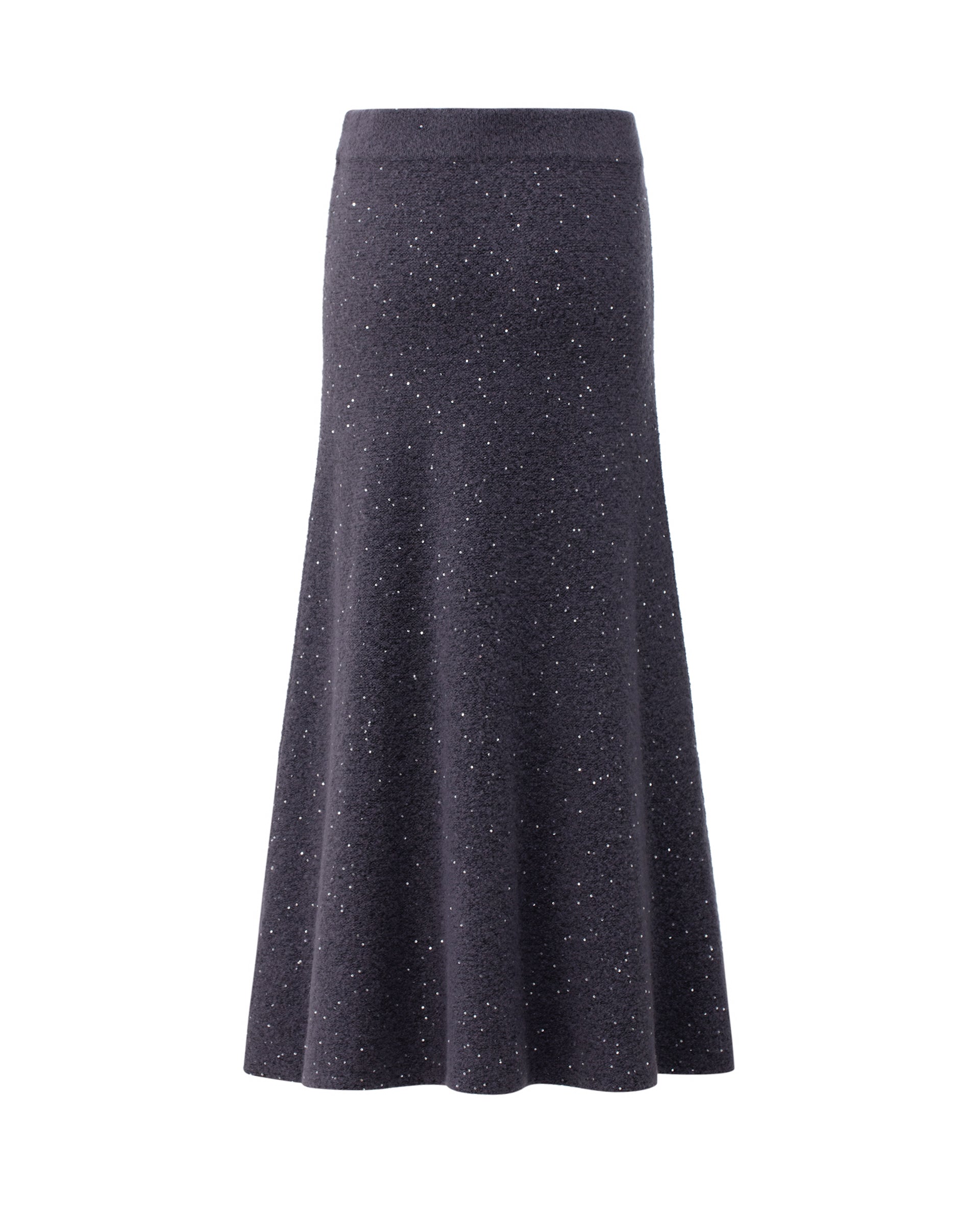 Damen Strickrock aus 56 % Kaschmir, 28 % Baumwolle, 12 % Polyamid, 2 % Elastan und 2 % Pailletten in Graphite Grey – links gestrickter Rock in mittelschwerer Qualität mit figurbetonter A-Linie und Midi-Länge. Das Modell verfügt über einen Taillenbund mit Gummizug. Dezent eingearbeitete Pailletten verleihen dem Rock einen eleganten, schimmernden Akzent.
