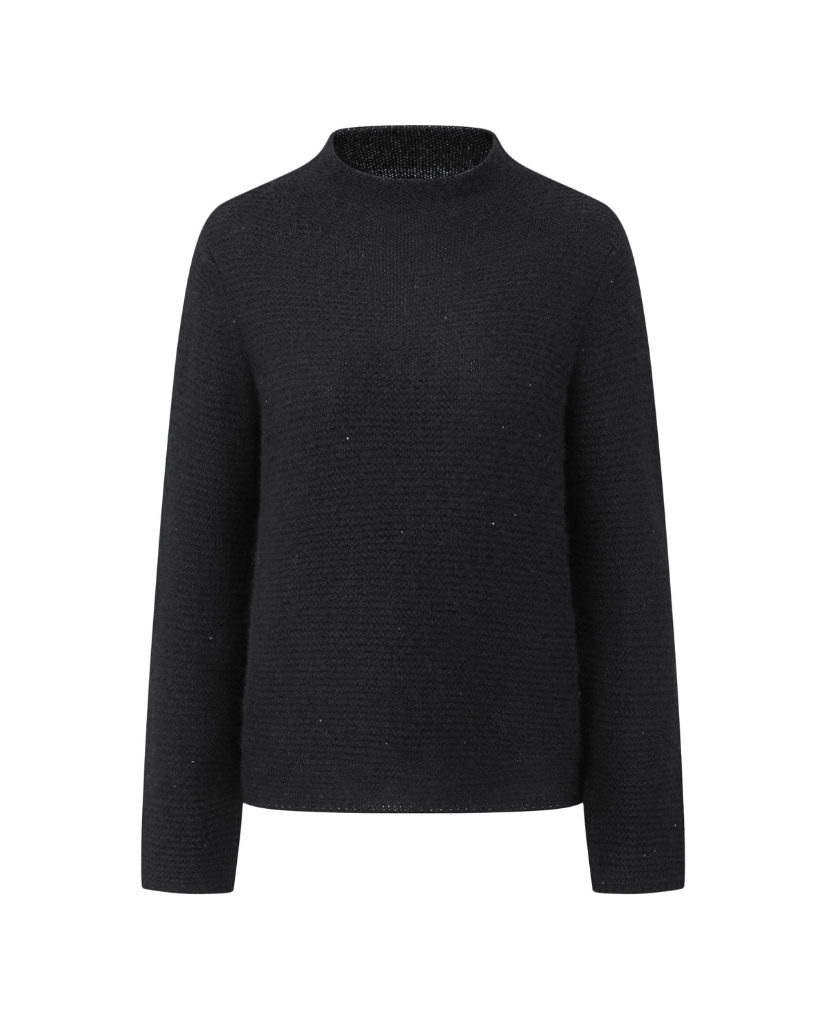 Damen Pullover aus 67 % Kaschmir, 32 % Seide und 1 % Pailletten in Black – links gestrickter Pullover in mittelschwerer Qualität mit relaxter Passform, angestricktem, kleinem Stehkragen, klassischer, leicht überschnittener Schulterform sowie langen, relaxten Ärmeln. Dezent eingearbeitete Pailletten verleihen dem Modell einen eleganten, schimmernden Akzent.
