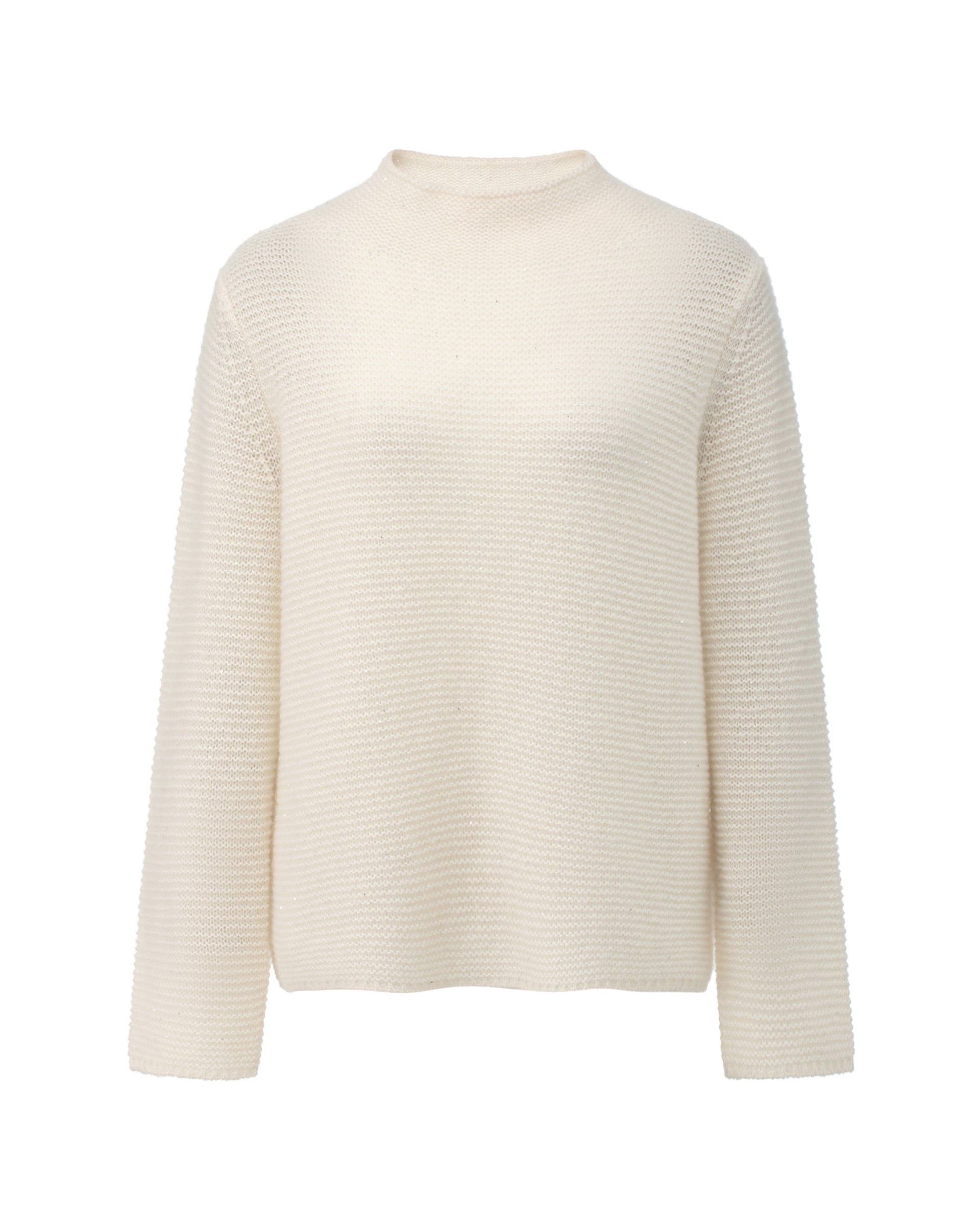 Damen Pullover aus 67 % Kaschmir, 32 % Seide und 1 % Pailletten in Ivory – links gestrickter Pullover in mittelschwerer Qualität mit relaxter Passform, angestricktem, kleinem Stehkragen, klassischer, leicht überschnittener Schulterform sowie langen, relaxten Ärmeln. Dezent eingearbeitete Pailletten verleihen dem Modell einen eleganten, schimmernden Akzent.
