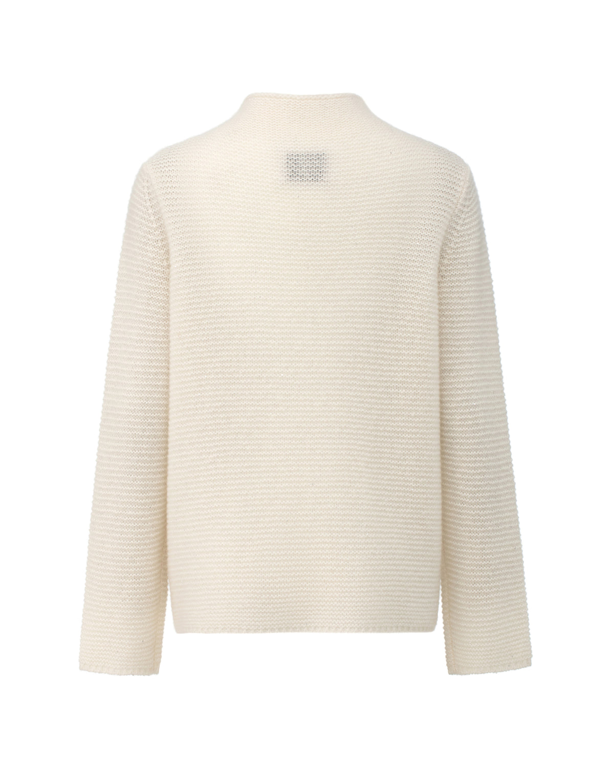 Damen Pullover aus 67 % Kaschmir, 32 % Seide und 1 % Pailletten in Ivory – links gestrickter Pullover in mittelschwerer Qualität mit relaxter Passform, angestricktem, kleinem Stehkragen, klassischer, leicht überschnittener Schulterform sowie langen, relaxten Ärmeln. Dezent eingearbeitete Pailletten verleihen dem Modell einen eleganten, schimmernden Akzent.
