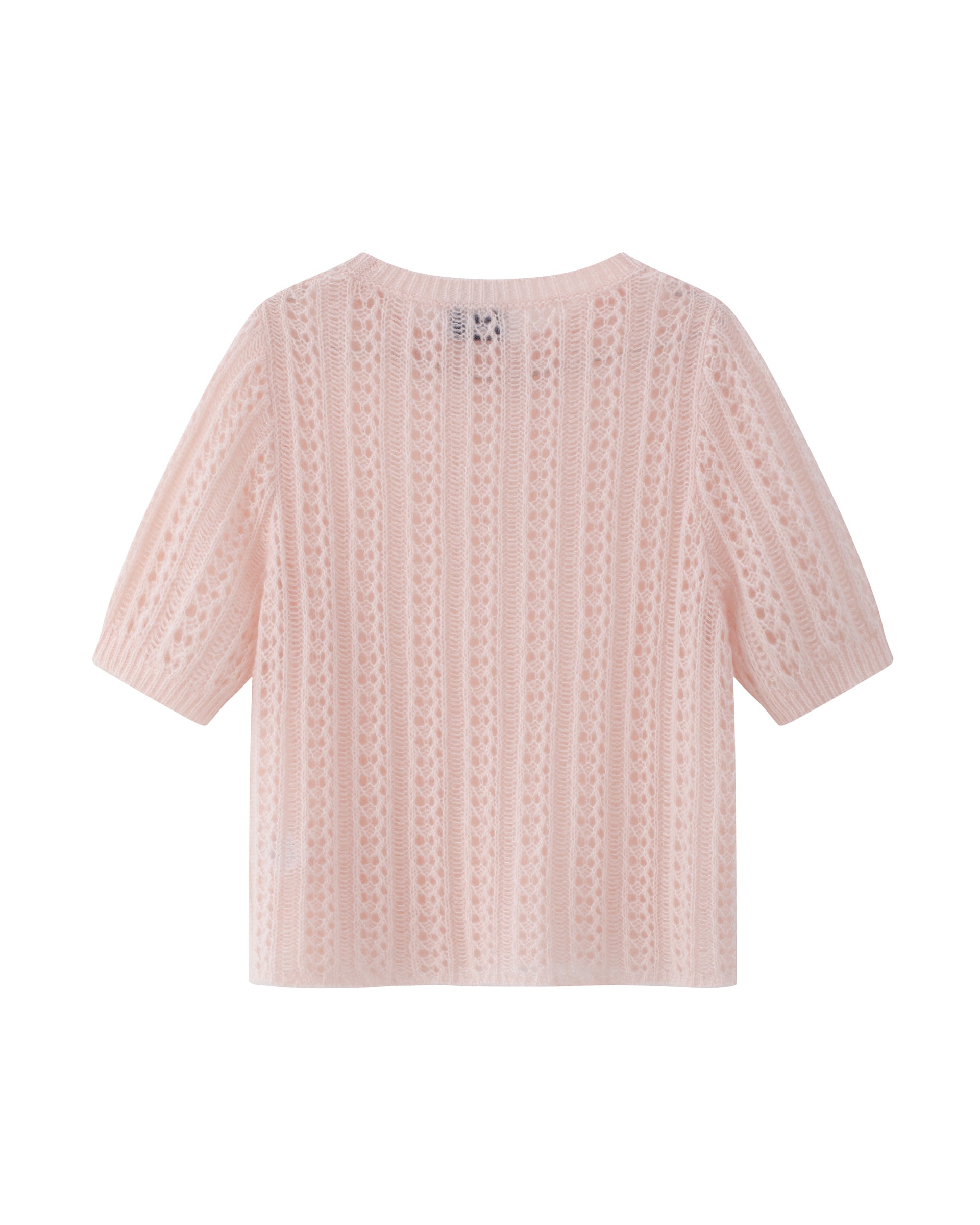 Damen Halbarm-Pullover in cherry blossom (rosa) aus Kaschmir-Seide – mittelschwerer, leichter und luftiger Strick mit Ajour-Lochmuster, relaxte Passform, Rundhalsausschnitt mit Rippkragen, klassische Schulter, Halbarm sowie Rippbündchen an Ärmeln und Saum.