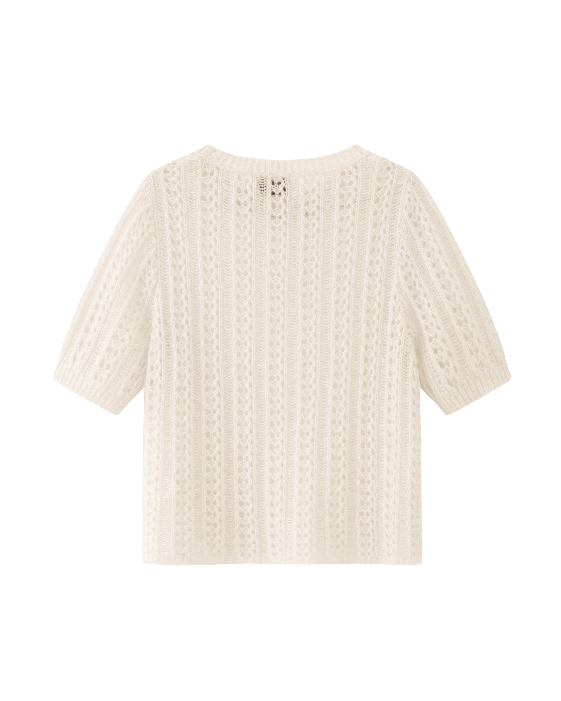 Damen Halbarm-Pullover in ivory (cremeweiß) aus Kaschmir-Seide – mittelschwerer, leichter und luftiger Strick mit Ajour-Lochmuster, relaxte Passform, Rundhalsausschnitt mit Rippkragen, klassische Schulter, Halbarm sowie Rippbündchen an Ärmeln und Saum.