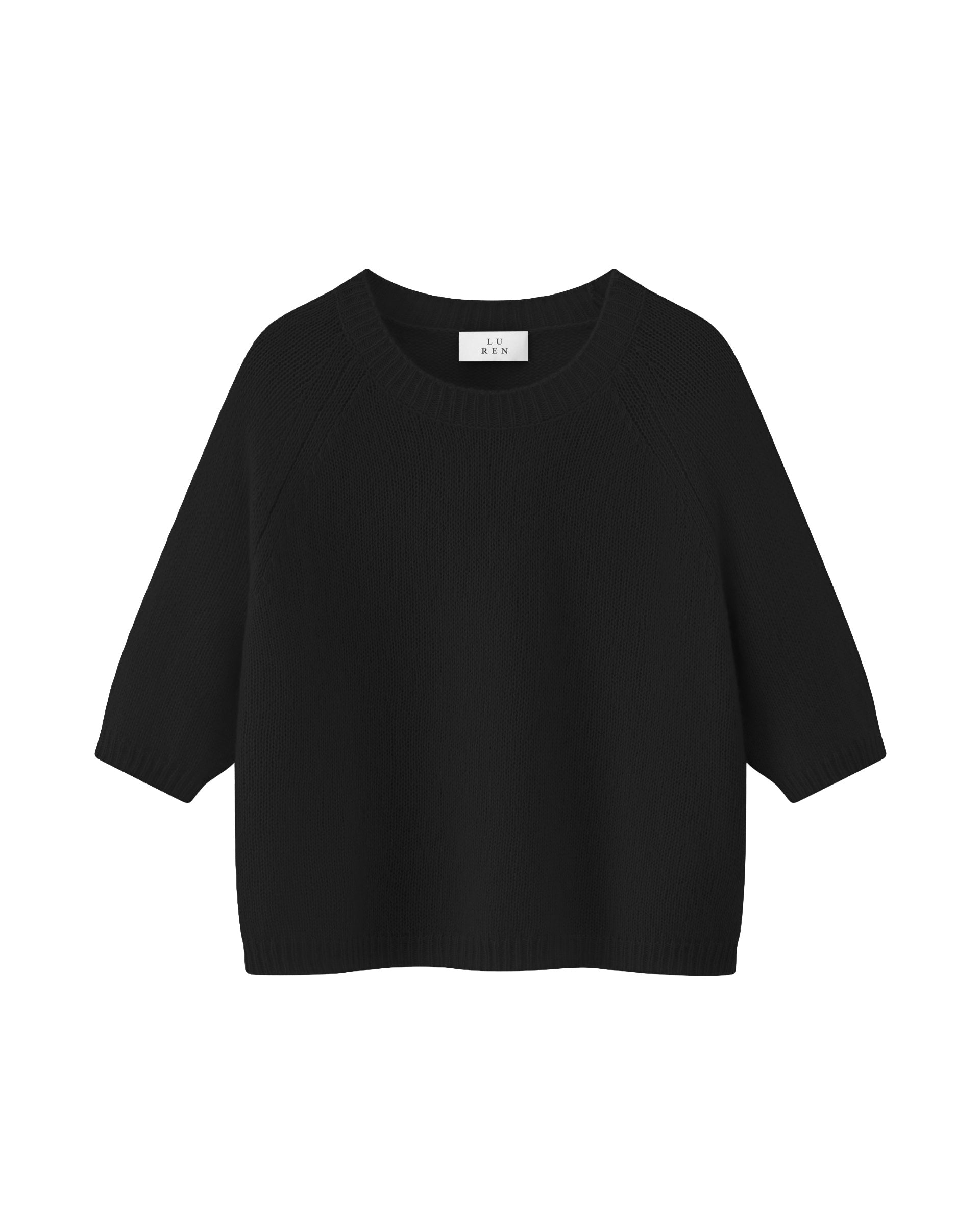 Damen Kurzarm-Pullover aus 75 % Kaschmir und 25 % Seide in black (schwarz) – mittelschwerer, glatt gestrickter Pullover in kastiger, kurzer und breiter Form mit Rundhalsausschnitt und Rippkragen, Raglan-Halbärmeln sowie Rippbündchen an Ärmeln und Saum