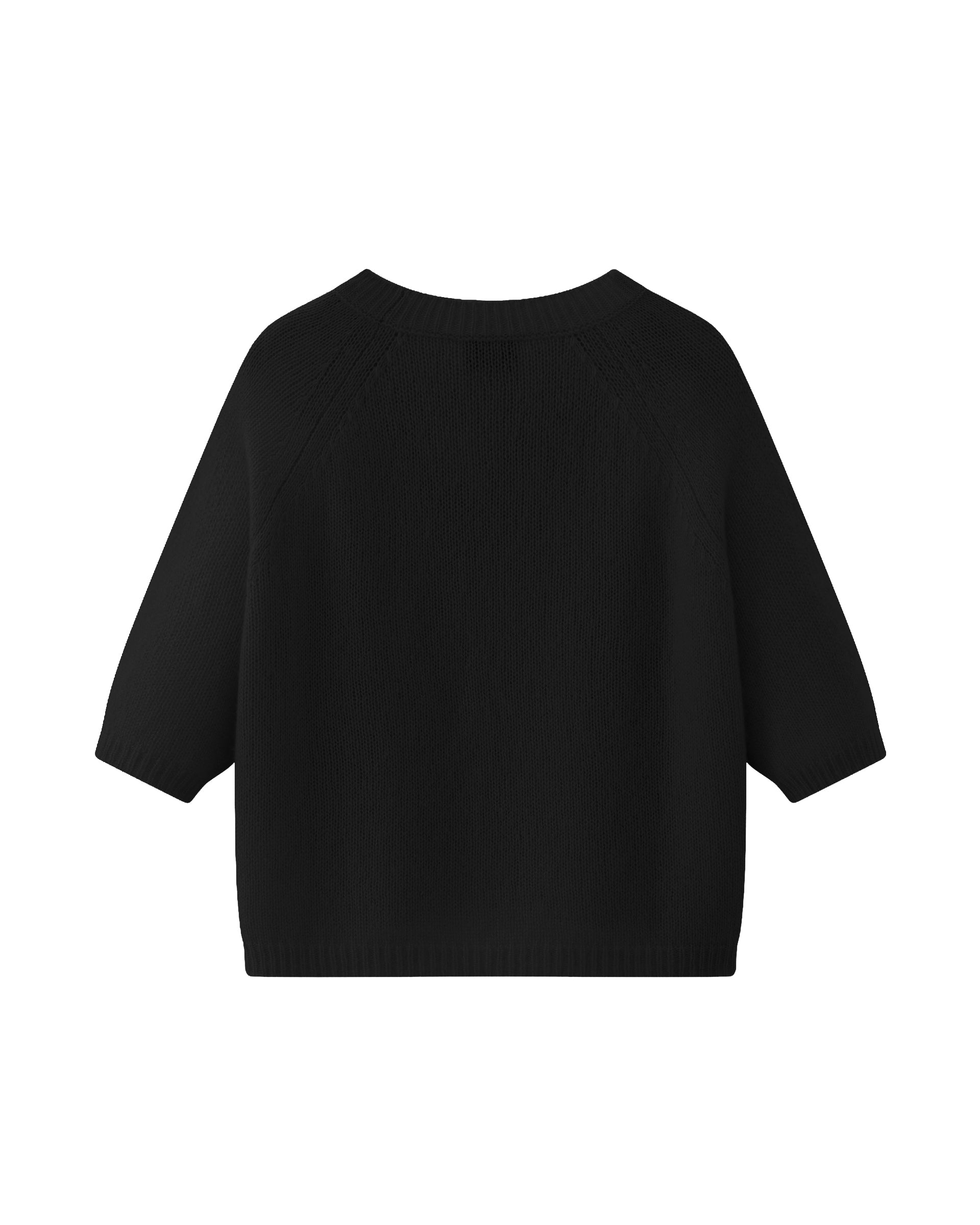 Damen Kurzarm-Pullover aus 75 % Kaschmir und 25 % Seide in black (schwarz) – mittelschwerer, glatt gestrickter Pullover in kastiger, kurzer und breiter Form mit Rundhalsausschnitt und Rippkragen, Raglan-Halbärmeln sowie Rippbündchen an Ärmeln und Saum